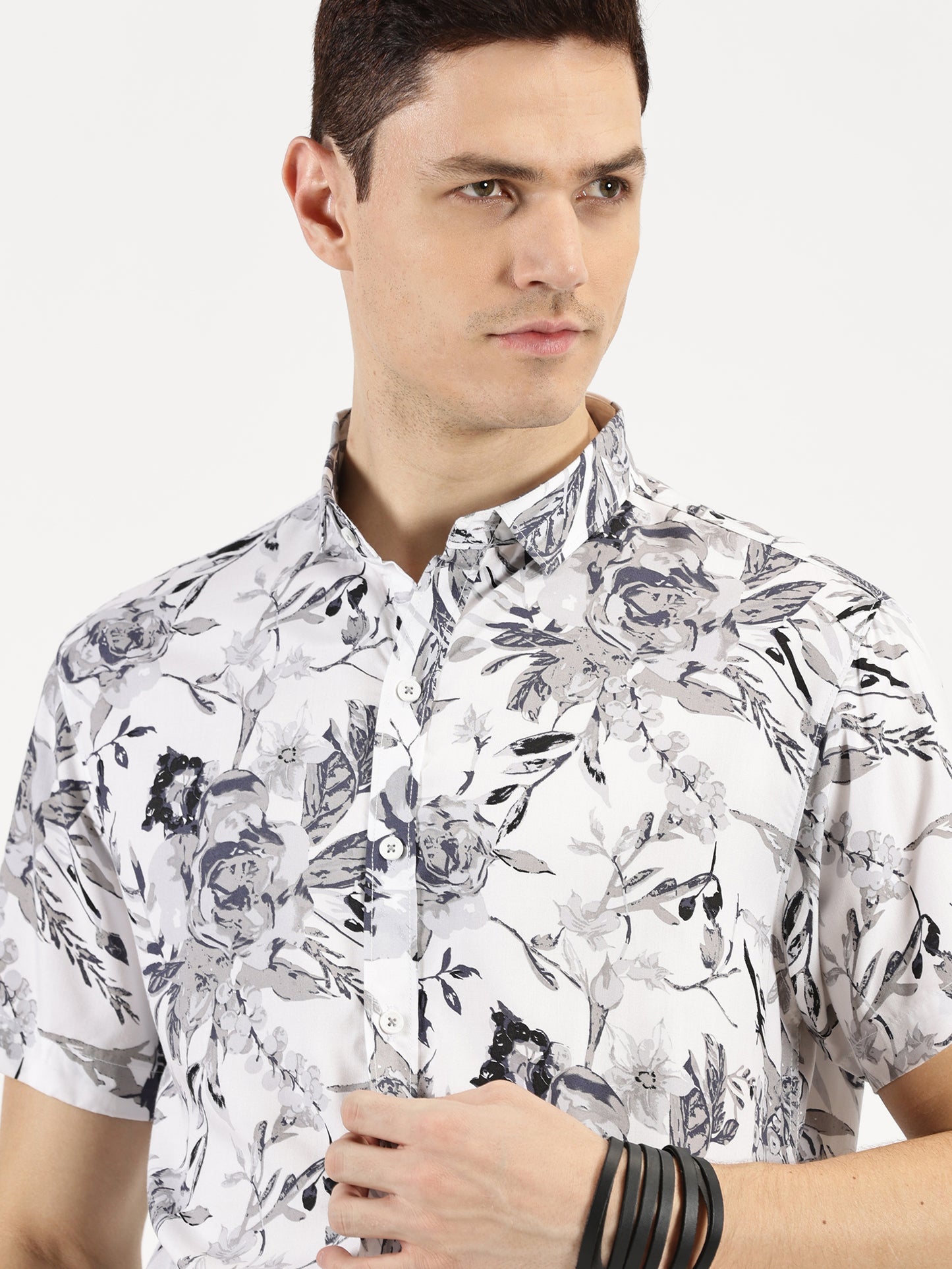 FLORAL PRINTED GREY CLASSIC COLLAR HALF SLEEVE SHIRT