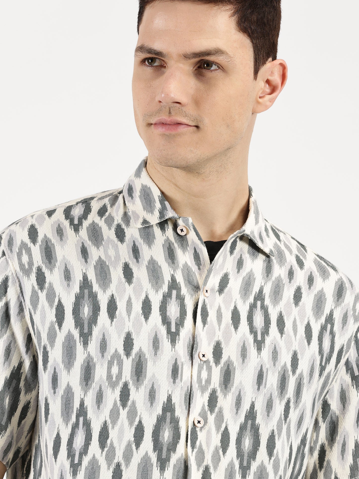 IKAAT PRINTED WHITE GREY CLASSIC COLLAR HALF SLEEVE OVERSIZE SHIRT