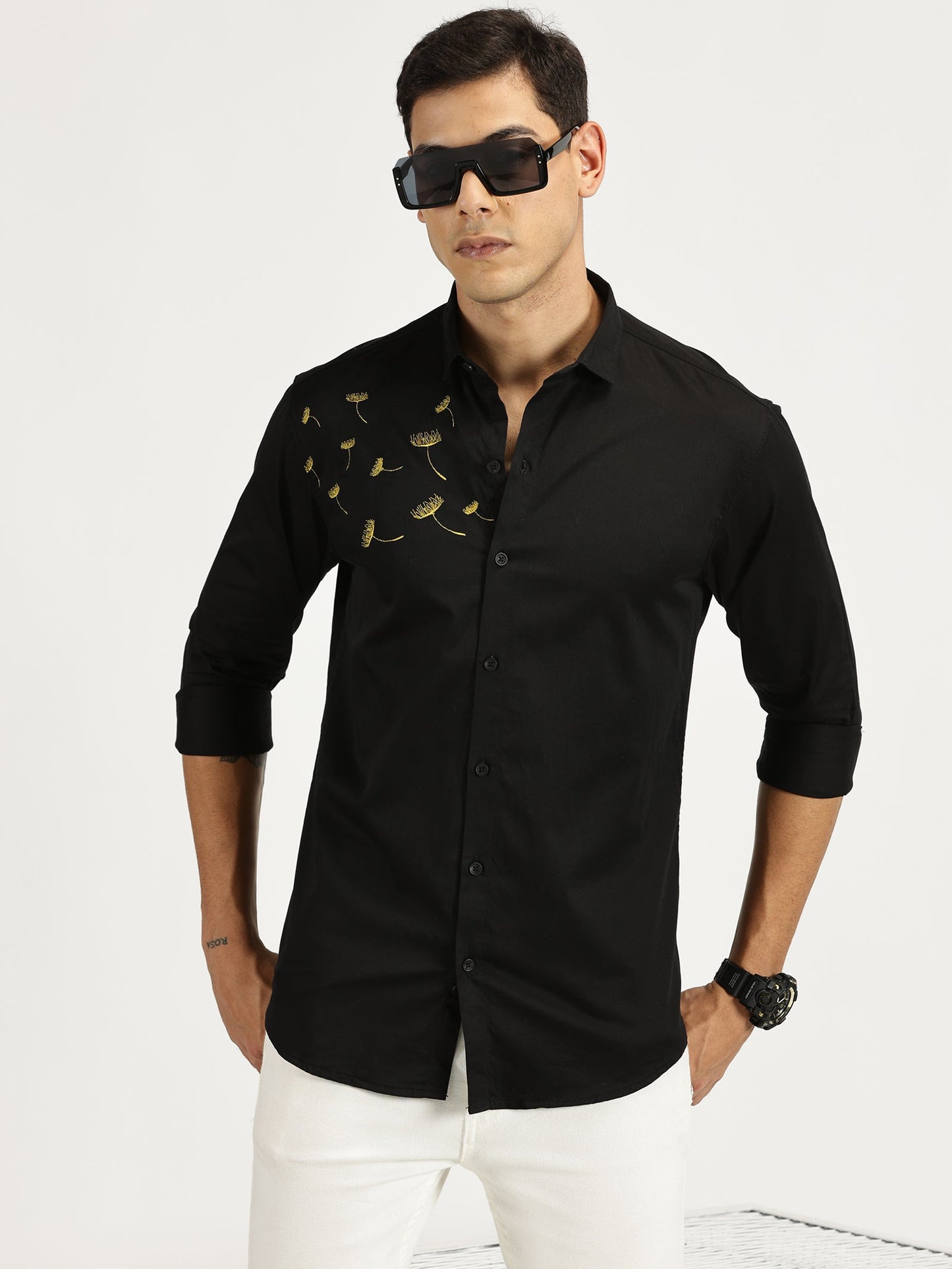 FLOWER EMBROIDERED BLACK CLASSIC COLLAR FULL SLEEVE SHIRT