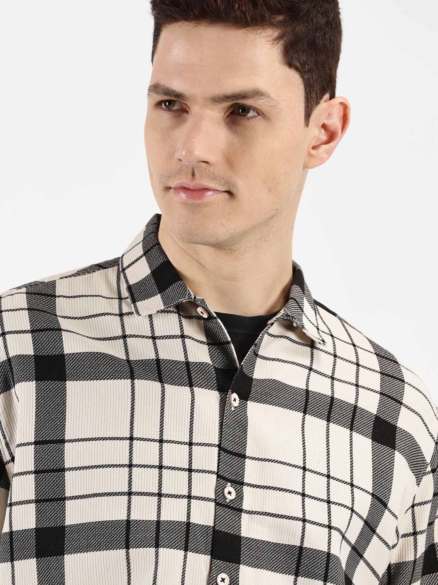 WHITE BLACK CHECKERED CLASSIC COLLAR HALF SLEEVE OVERSIZE SHIRT