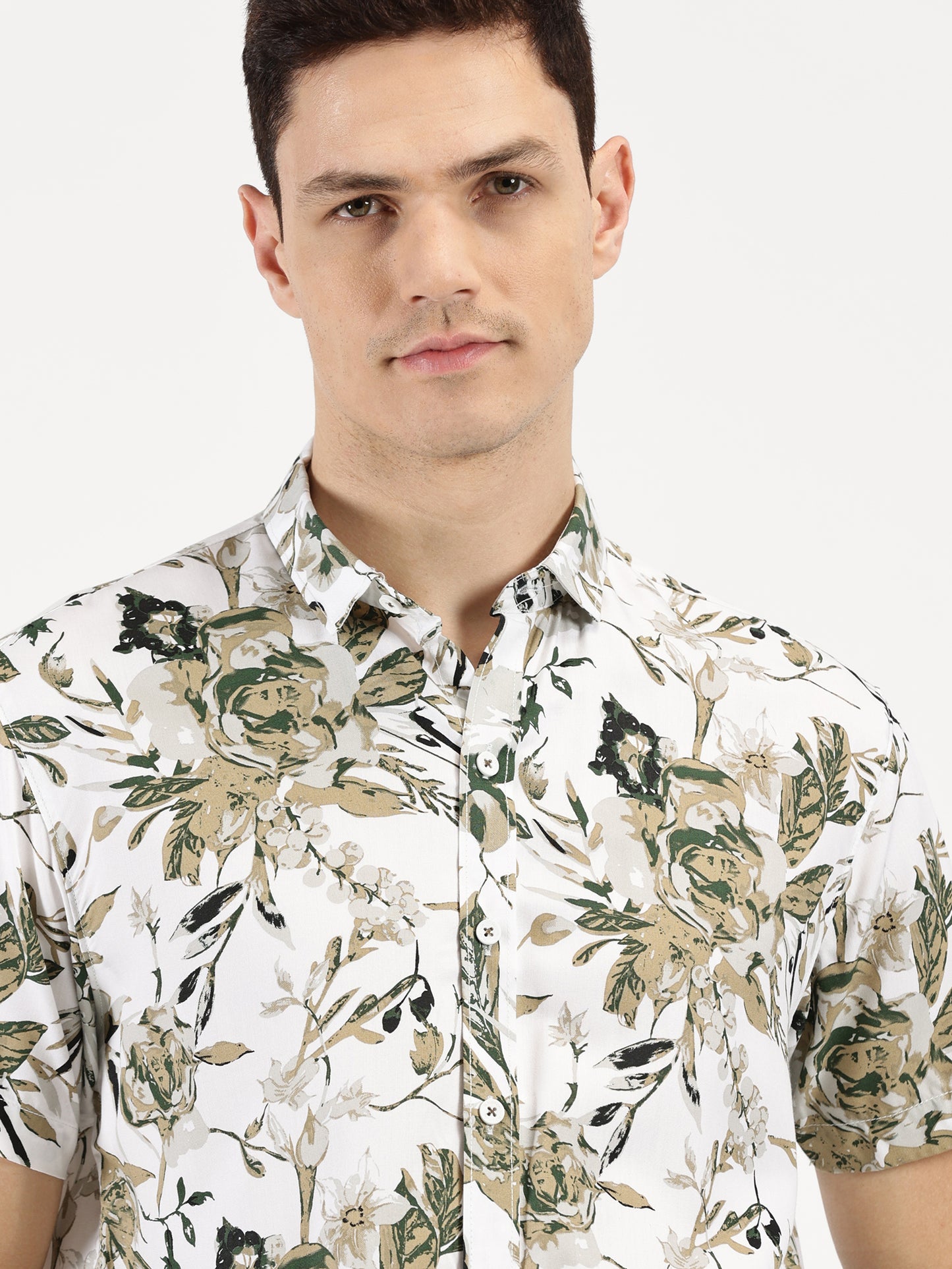 FLORAL PRINTED KHAKI CLASSIC COLLAR HALF SLEEVE SHIRT