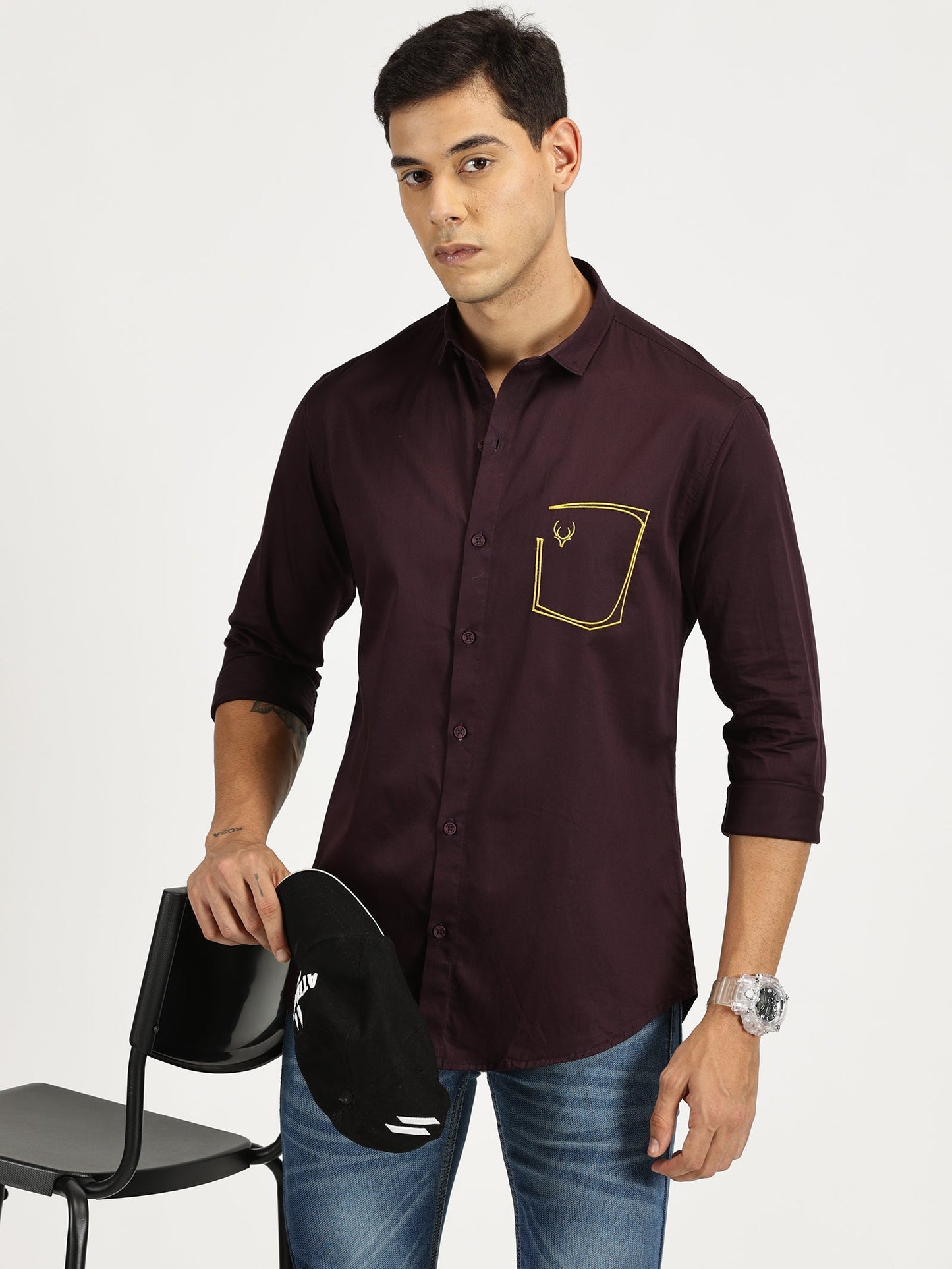 POCKET EMBROIDED PURPLE CLASSIC COLLAR FULL SLEEVE SHIRT