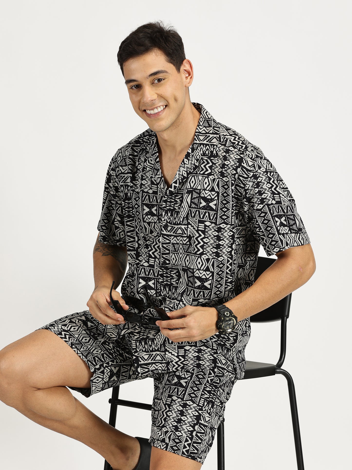 ABSTRACT PRINTED BLACK-GREY CO-ORDS SET