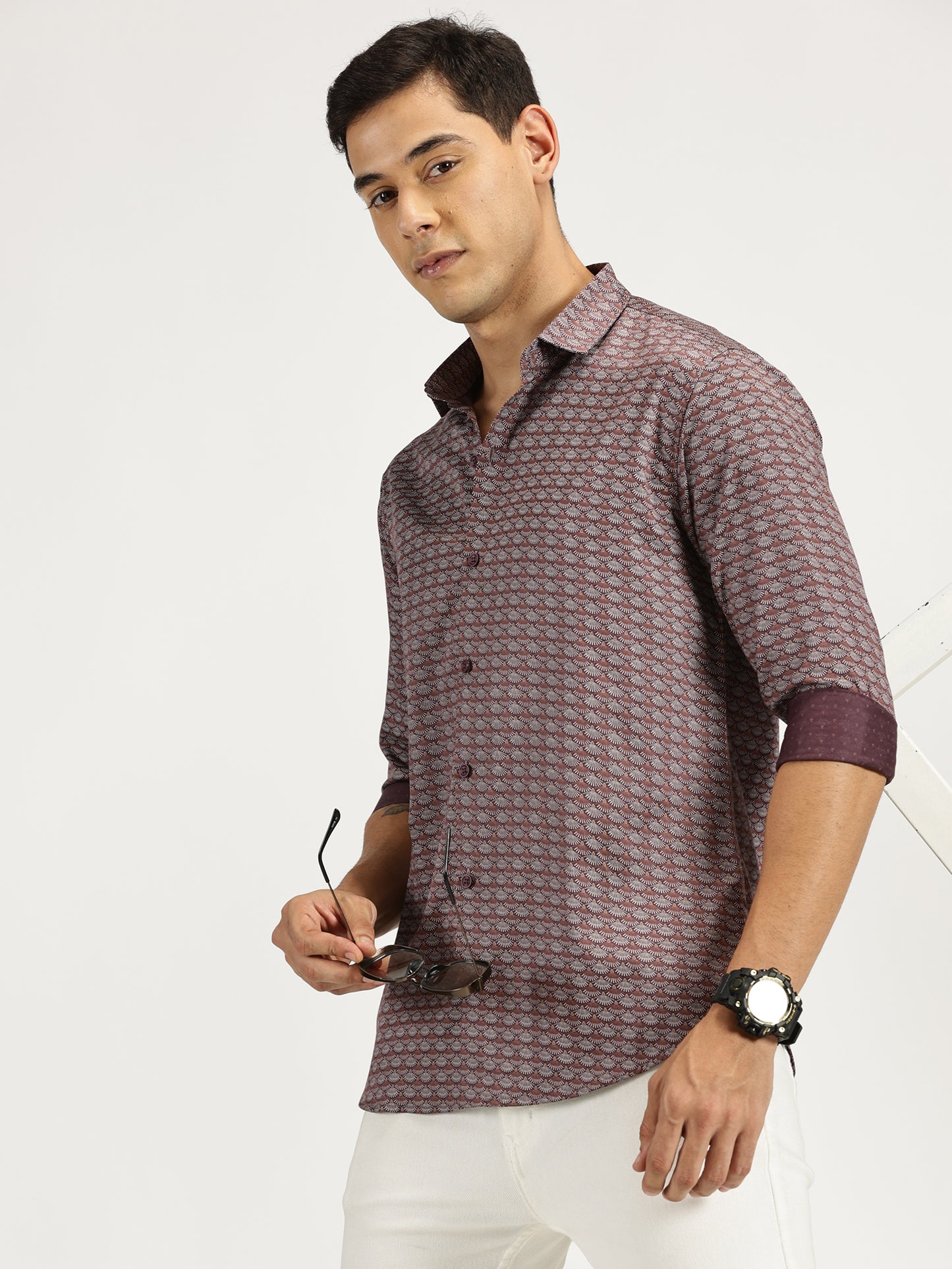 SHELL PRINTED BROWN CLASSIC COLLAR FULL SLEEVE SHIRT