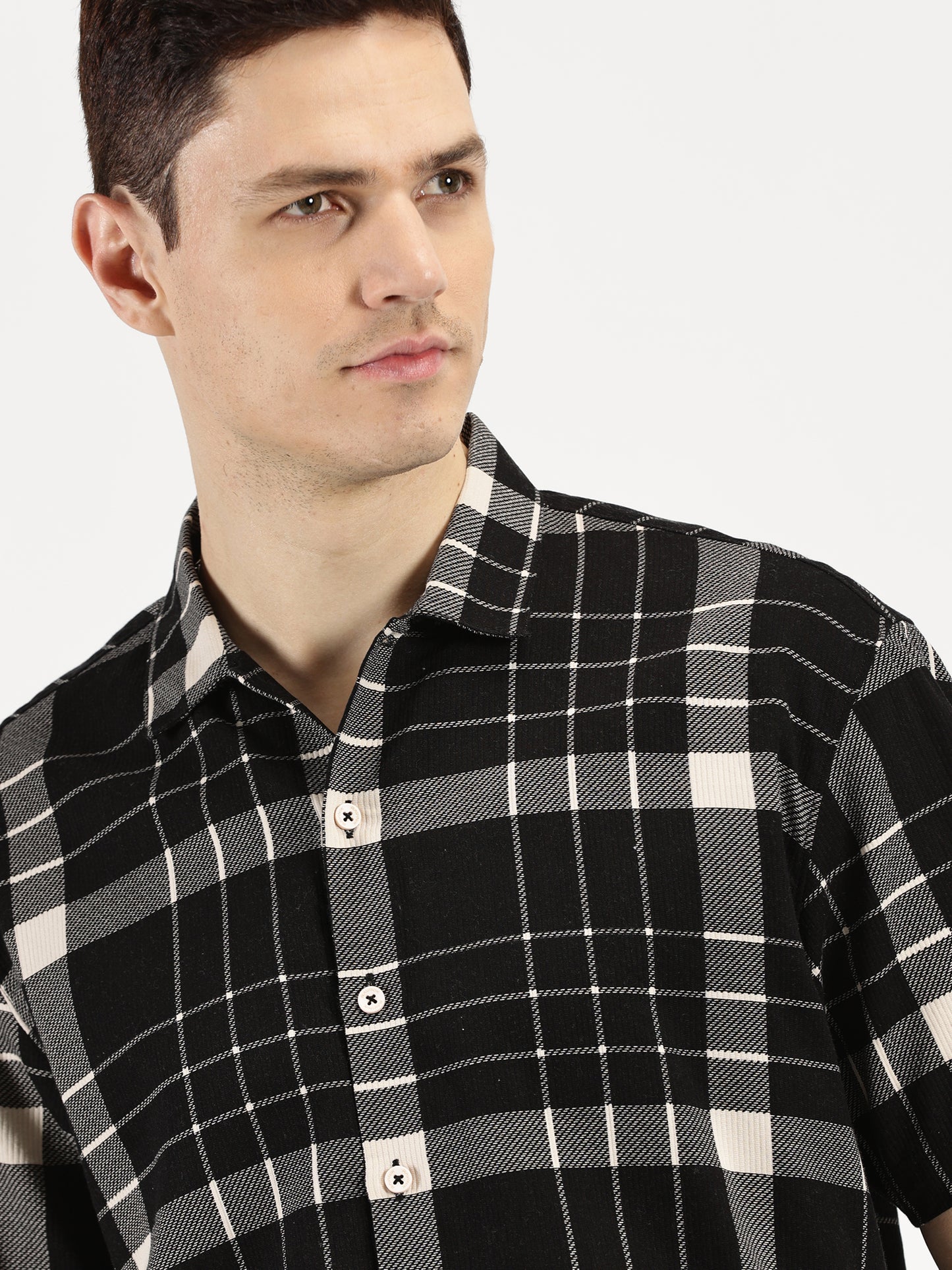 BLACK WHITE CHECKERED CLASSIC COLLAR HALF SLEEVE OVERSIZE SHIRT