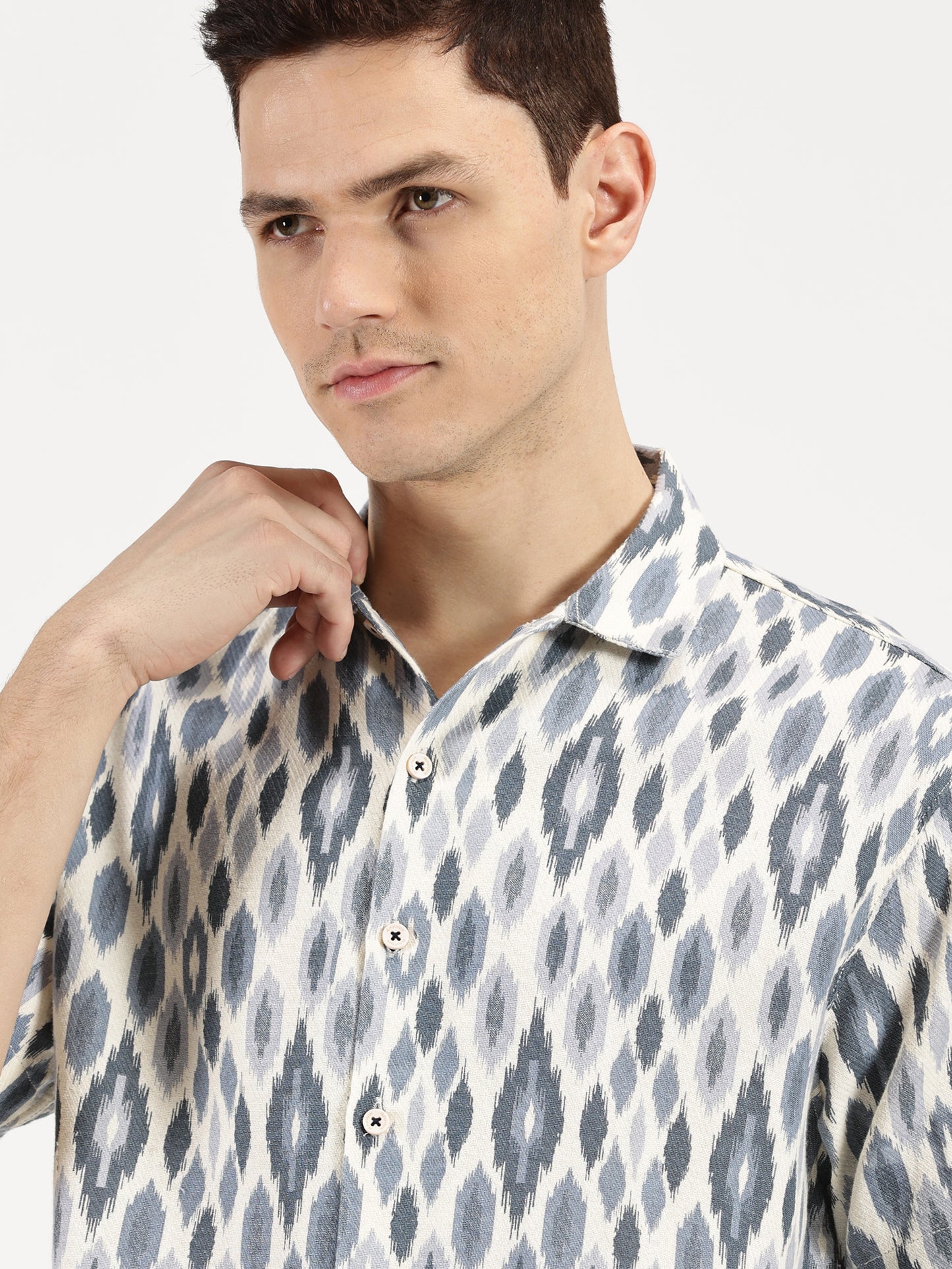 IKAAT PRINTED WHITE BLUE CLASSIC COLLAR HALF SLEEVE OVERSIZE SHIRT