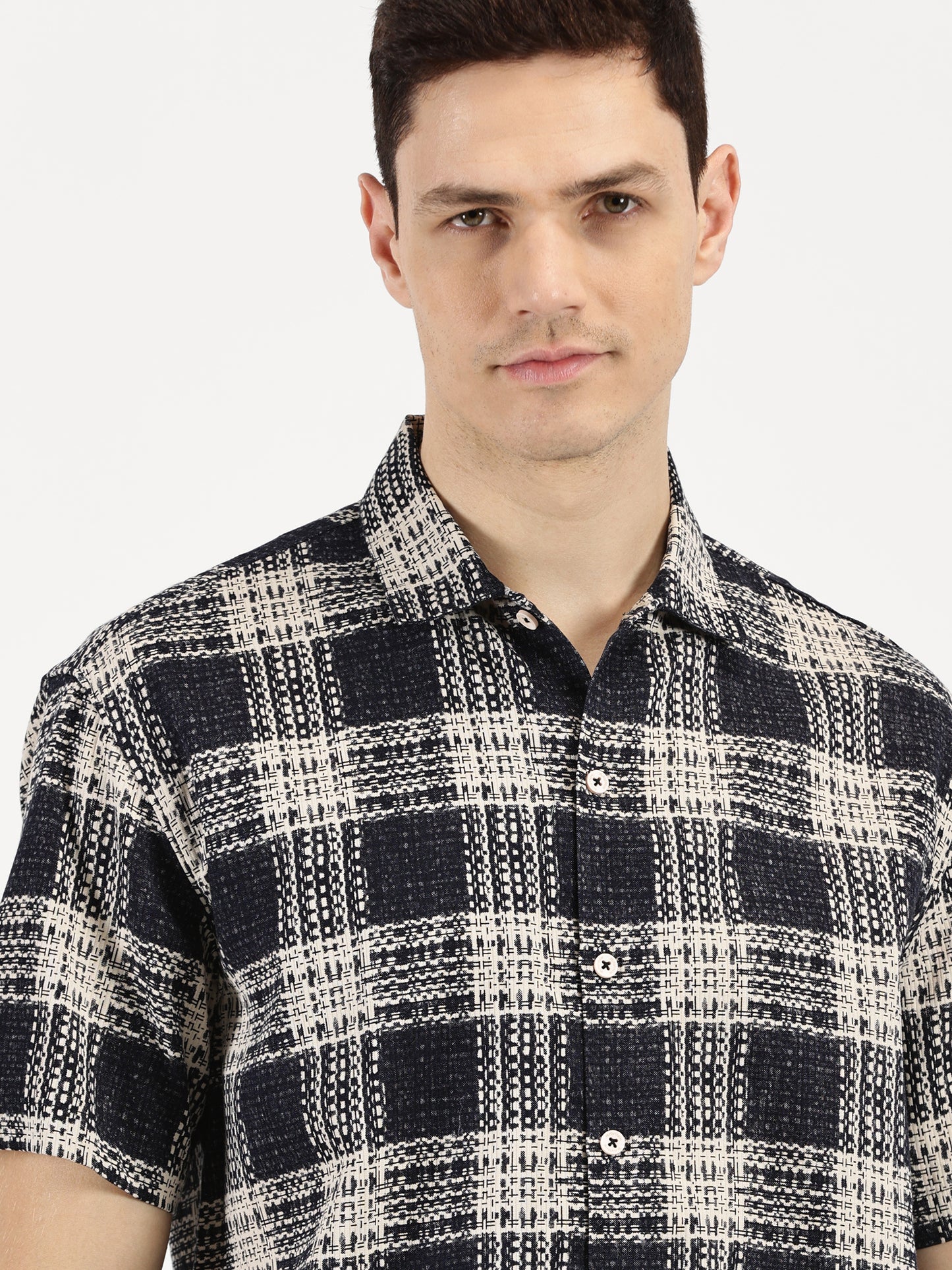 ABSTRACT CHEKERED BLUE OFFWHITE CLASSIC COLLAR HALF SLEEVE OVERSIZE SHIRT