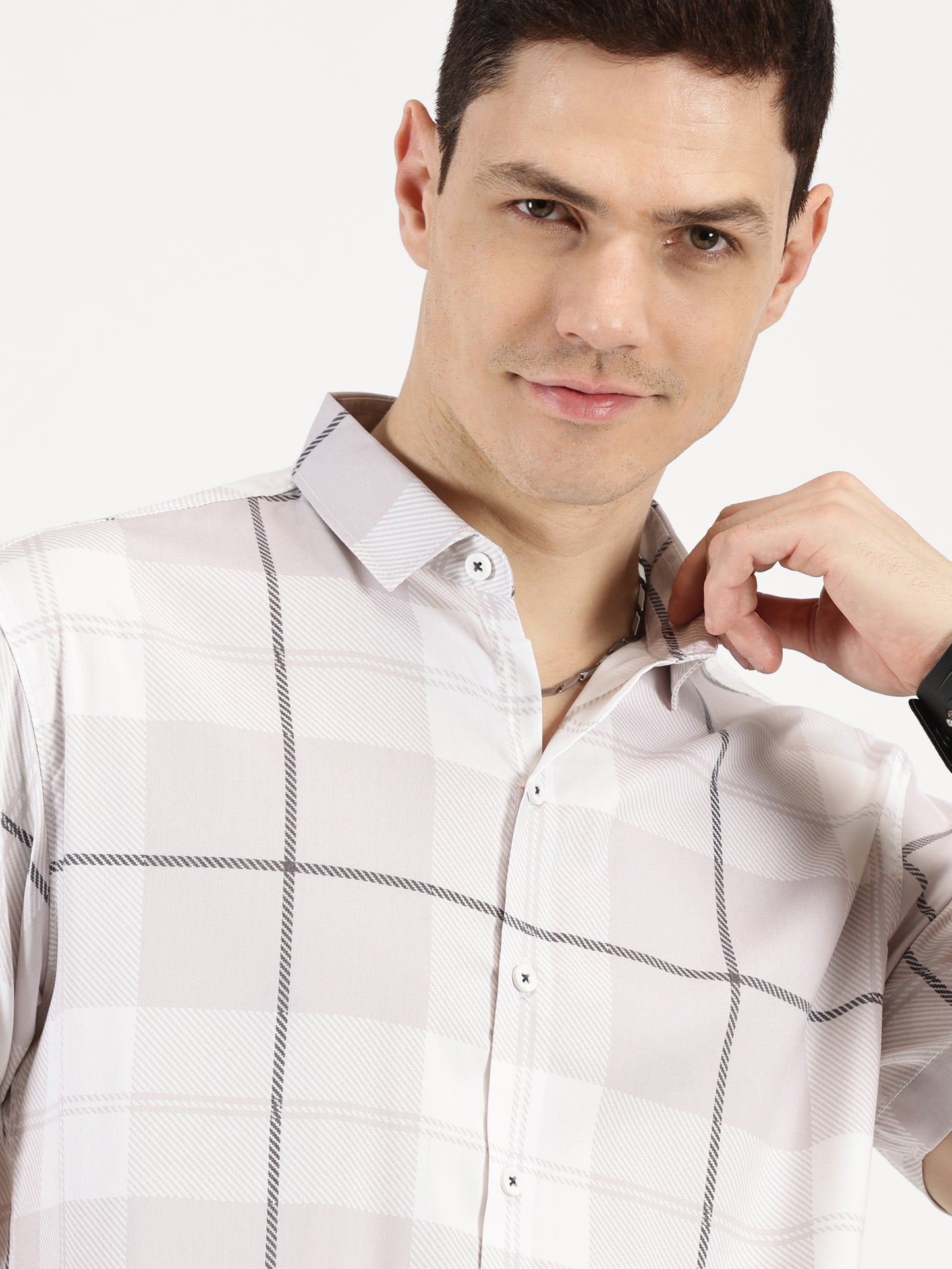 GREY CHECKERED CLASSIC COLLAR HALF SLEEVE SHIRT