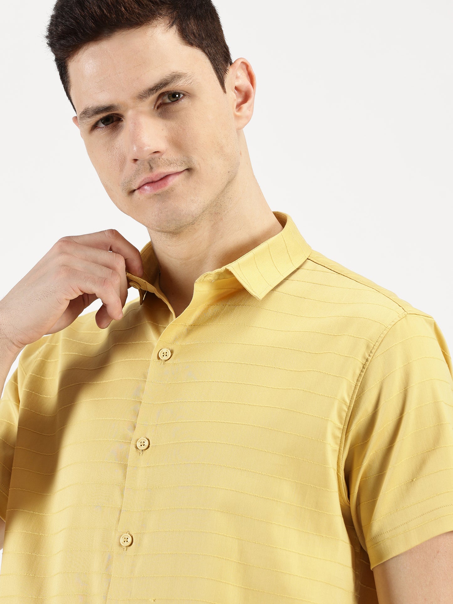 YELLOW SELF STRIPE CLASSIC COLLAR HALF SLEEVE SHIRT