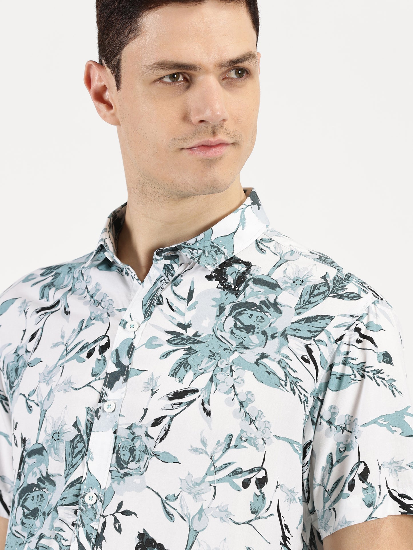 FLORAL PRINTED TEAL GREEN CLASSIC COLLAR HALF SLEEVE SHIRT