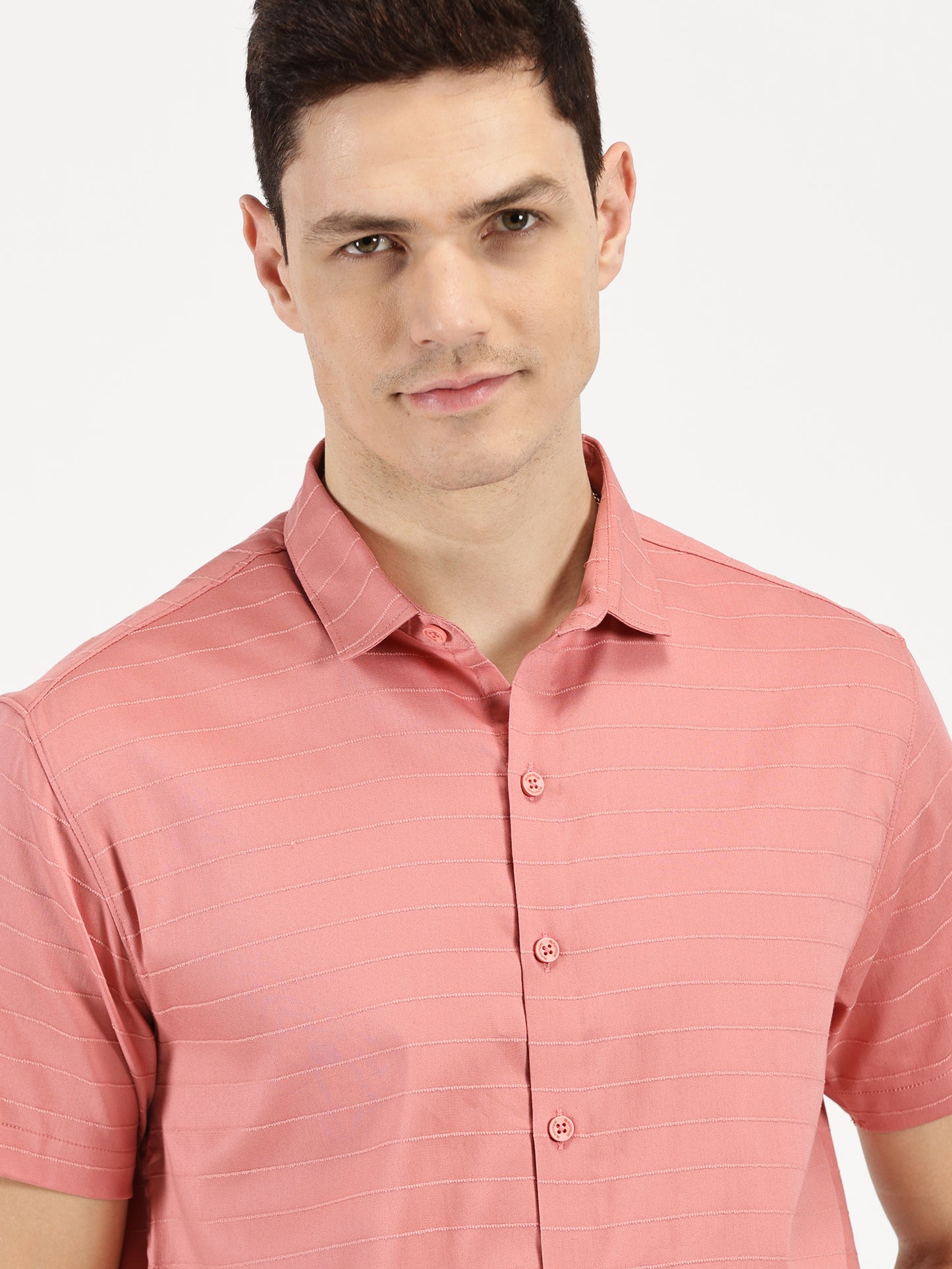 PINK SELF STRIPE CLASSIC COLLAR HALF SLEEVE SHIRT