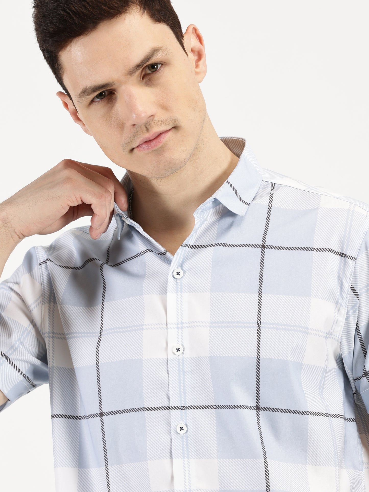 BLUE CHECKERED CLASSIC COLLAR HALF SLEEVE SHIRT