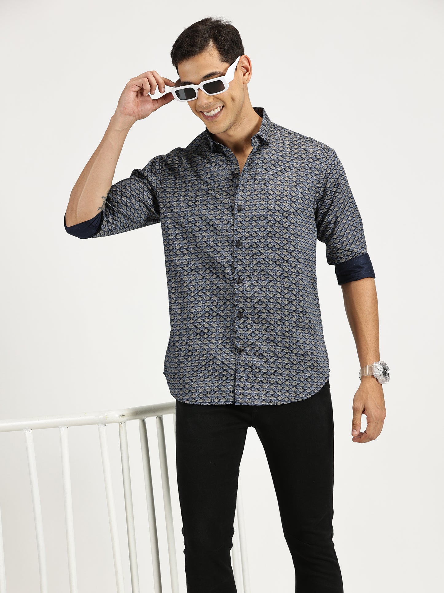 SHELL PRINTED BLUE BLACK CLASSIC COLLAR FULL SLEEVE SHIRT