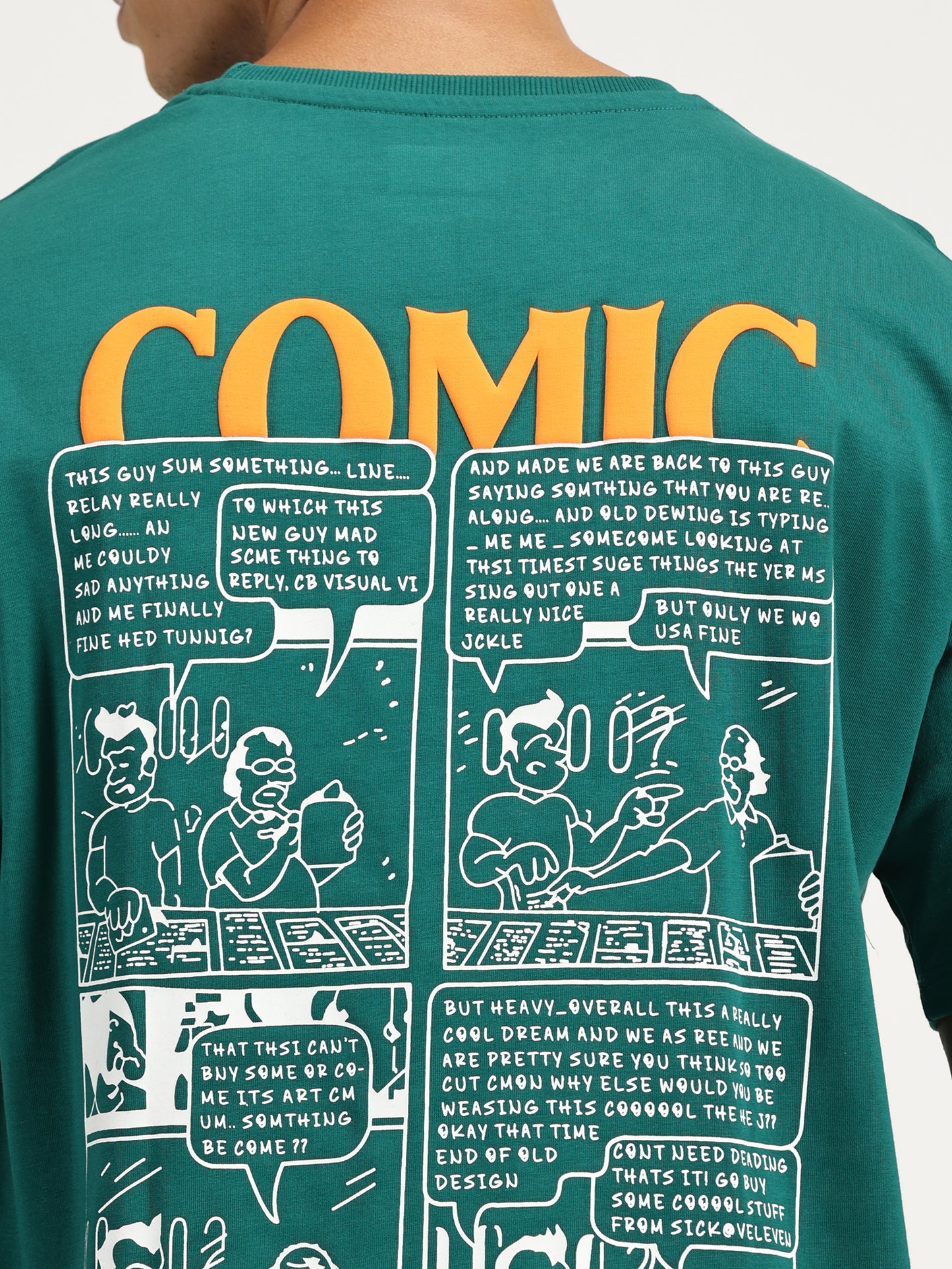 COMIC PRINTED GREEN OVERSIZED TSHIRT