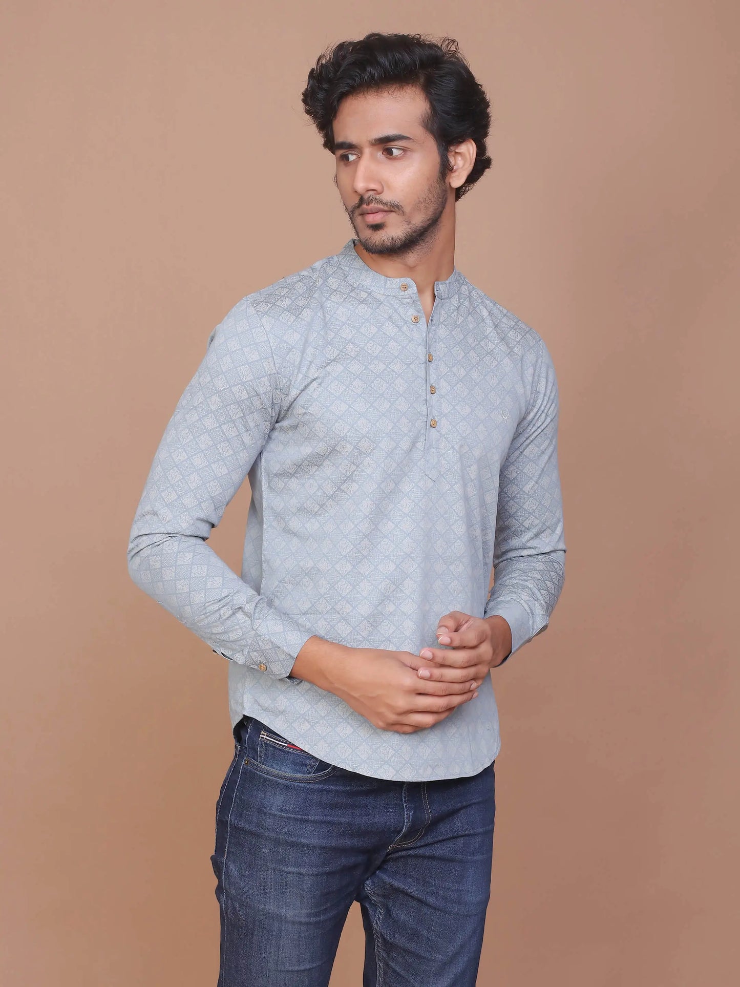 BUY-ABSRACT-CHECKERED-PRINTED-LIGHT-TEAL-GREEN-100%-COTTON-KURTA-Ravinik