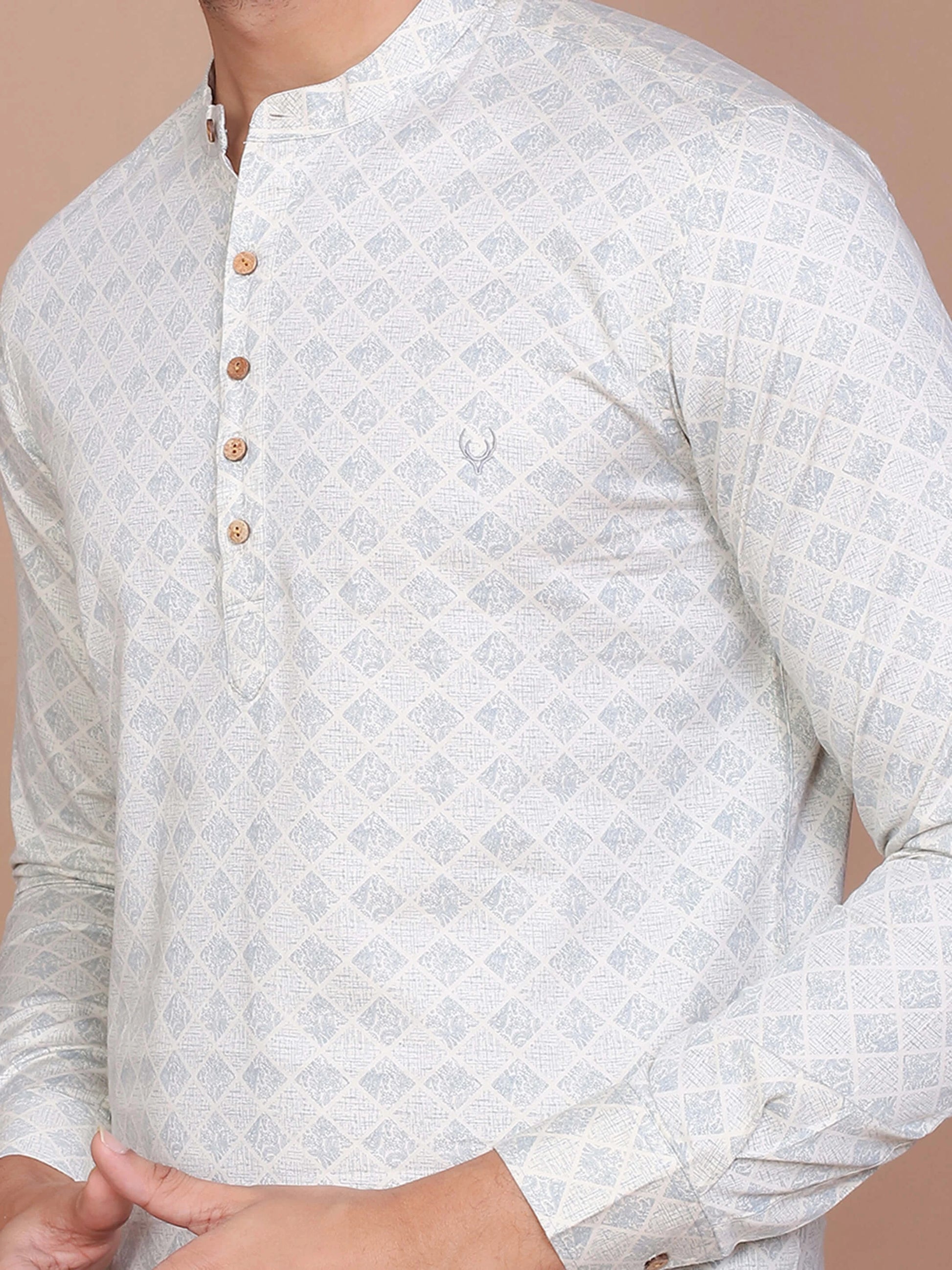 ABSRACT CHECKERED PRINTED OFF WHITE 100% COTTON SLIM FIT KURTA - Ravinik 