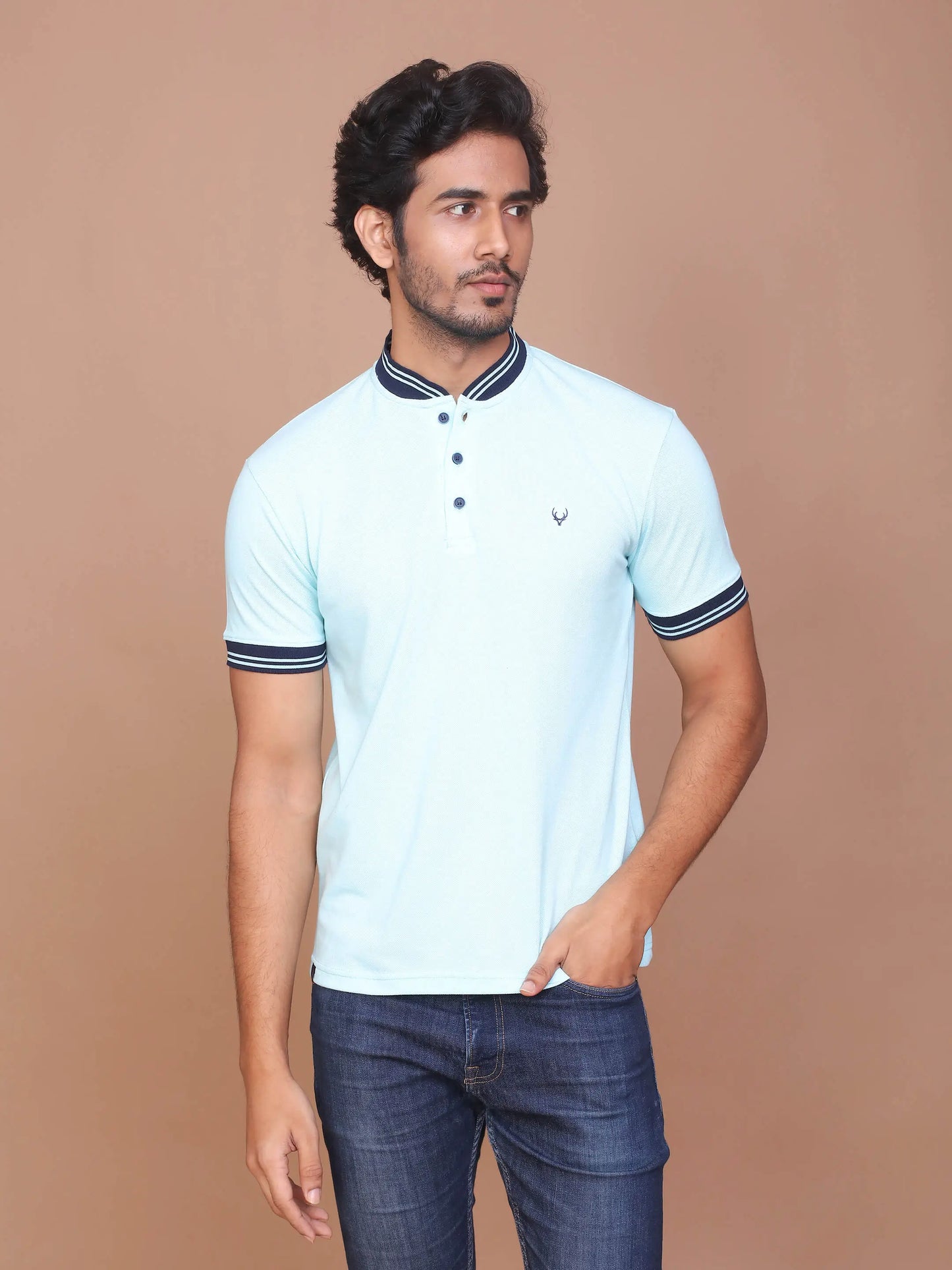 Buy-Ravinik-MEN-SOLID-TURQUOISE-GREEN-HALF-SLEEVE-BAND-COLLAR-POLO-T-SHIRT