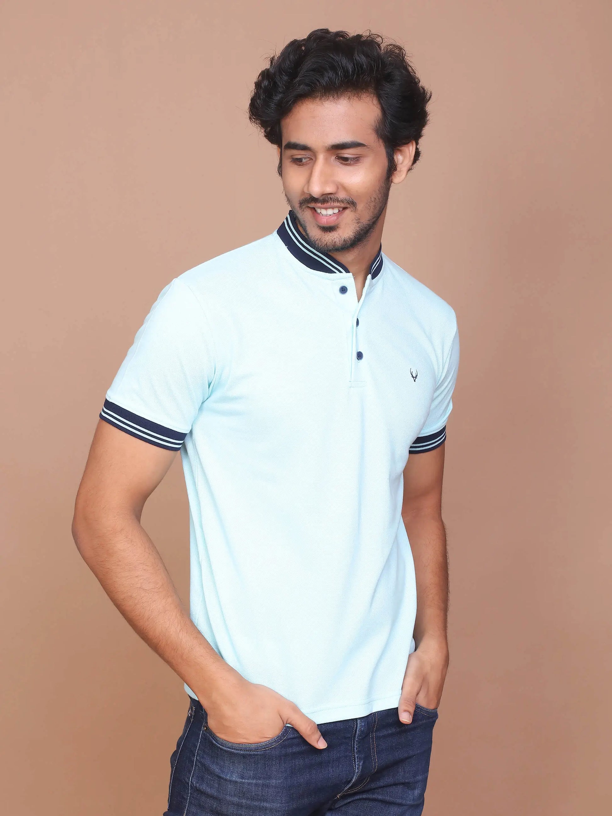 Buy-Ravinik-MEN-SOLID-TURQUOISE-GREEN-HALF-SLEEVE-BAND-COLLAR-POLO-T-SHIRT