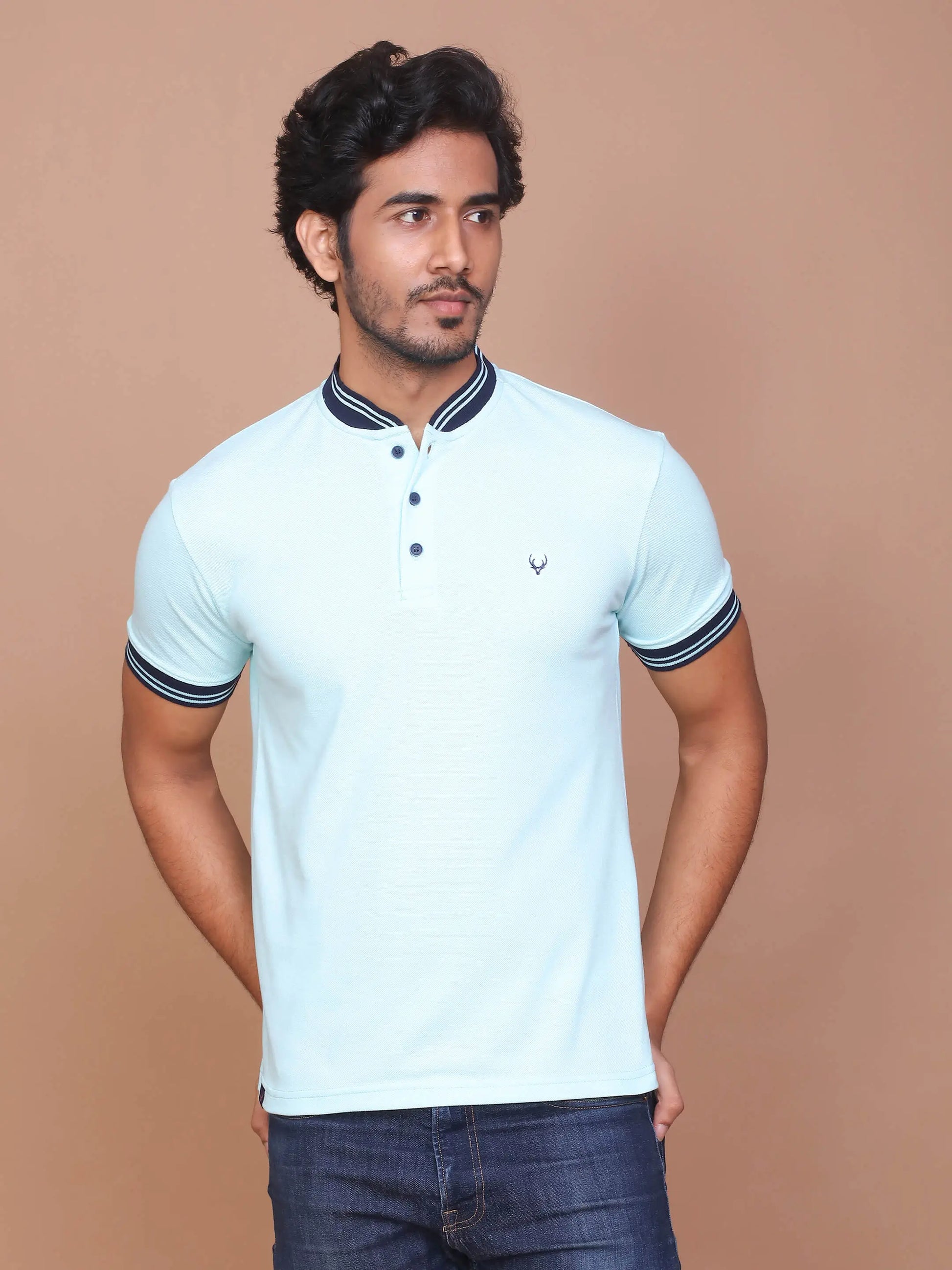 Buy-Ravinik-MEN-SOLID-TURQUOISE-GREEN-HALF-SLEEVE-BAND-COLLAR-POLO-T-SHIRT