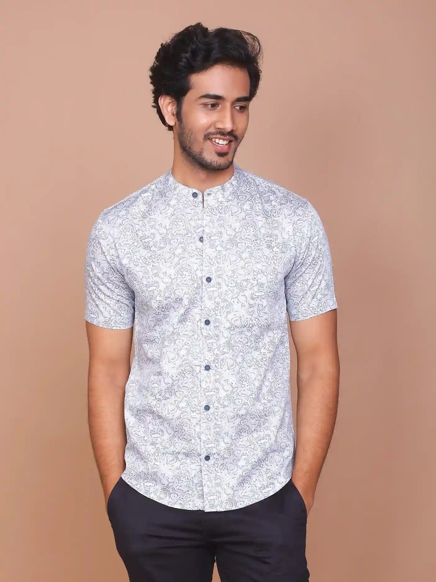 Buy-Ravinik-Men-Mist-Illusion-Band-Collar-Grey-Cotton-Half-Sleeve-Shirt