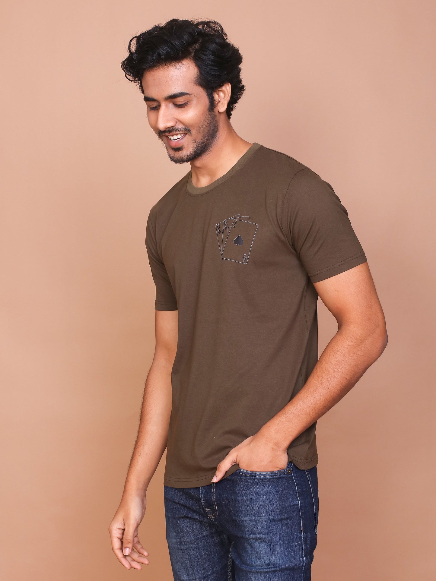 PLAY CARDS LINE ART OLIVE ROUND NECK TSHIRT - Ravinik 