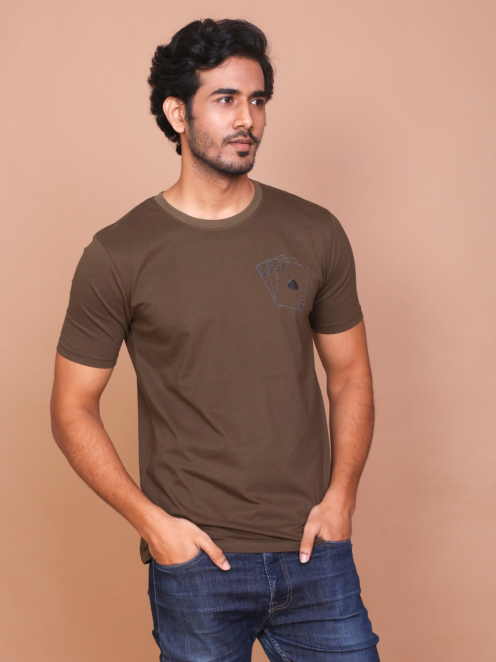 PLAY CARDS LINE ART OLIVE ROUND NECK TSHIRT - Ravinik 