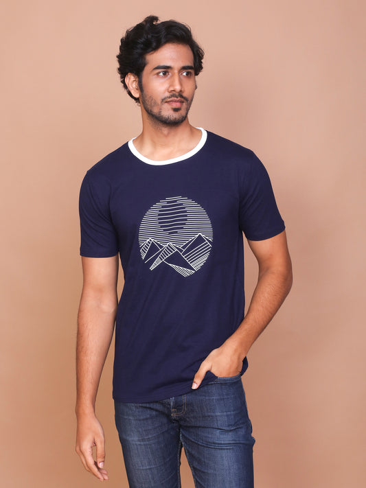 SCENIC LINE ART NAVY BLUE ROUND NECK TSHIRT - Ravinik 