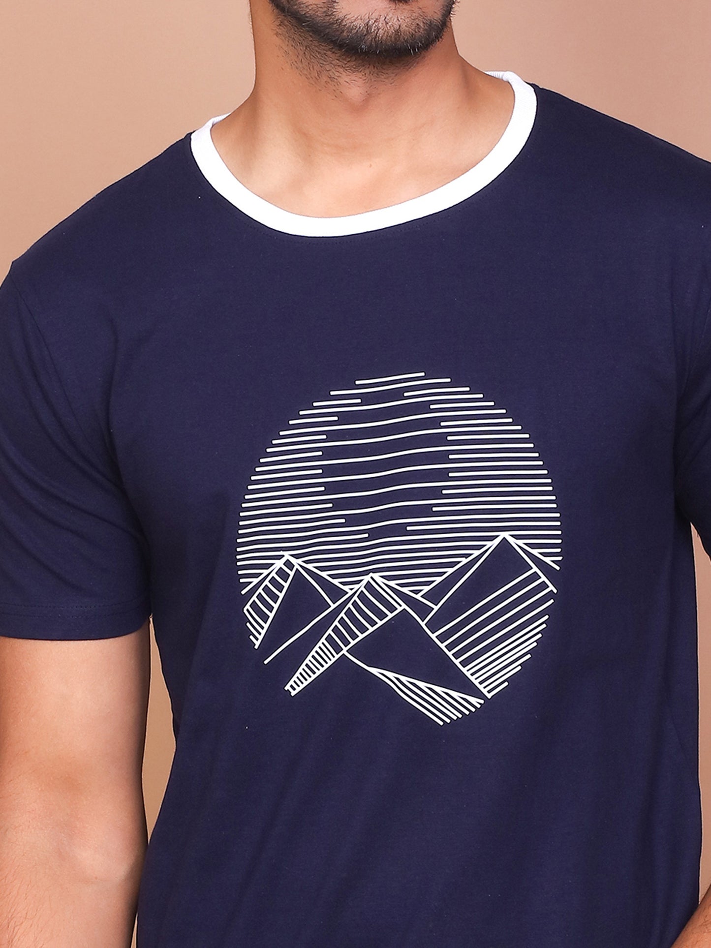 SCENIC LINE ART NAVY BLUE ROUND NECK TSHIRT - Ravinik 