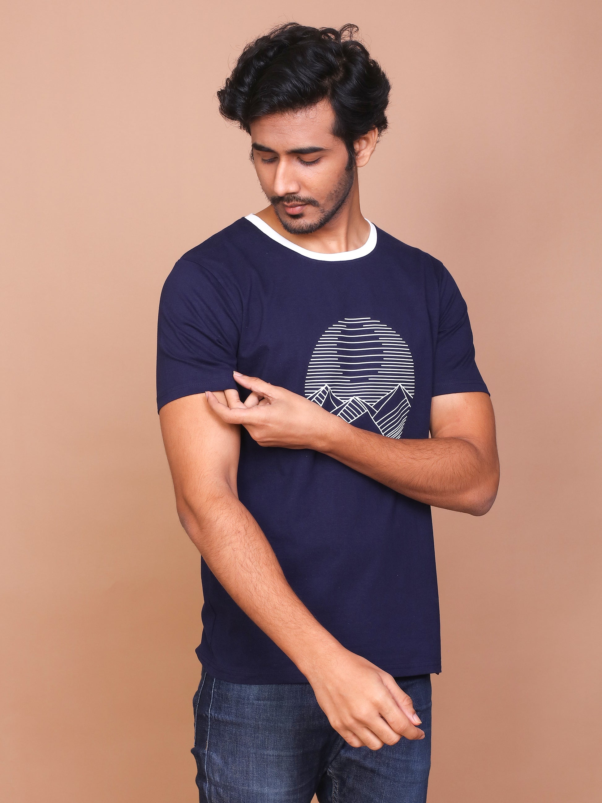 SCENIC LINE ART NAVY BLUE ROUND NECK TSHIRT - Ravinik 