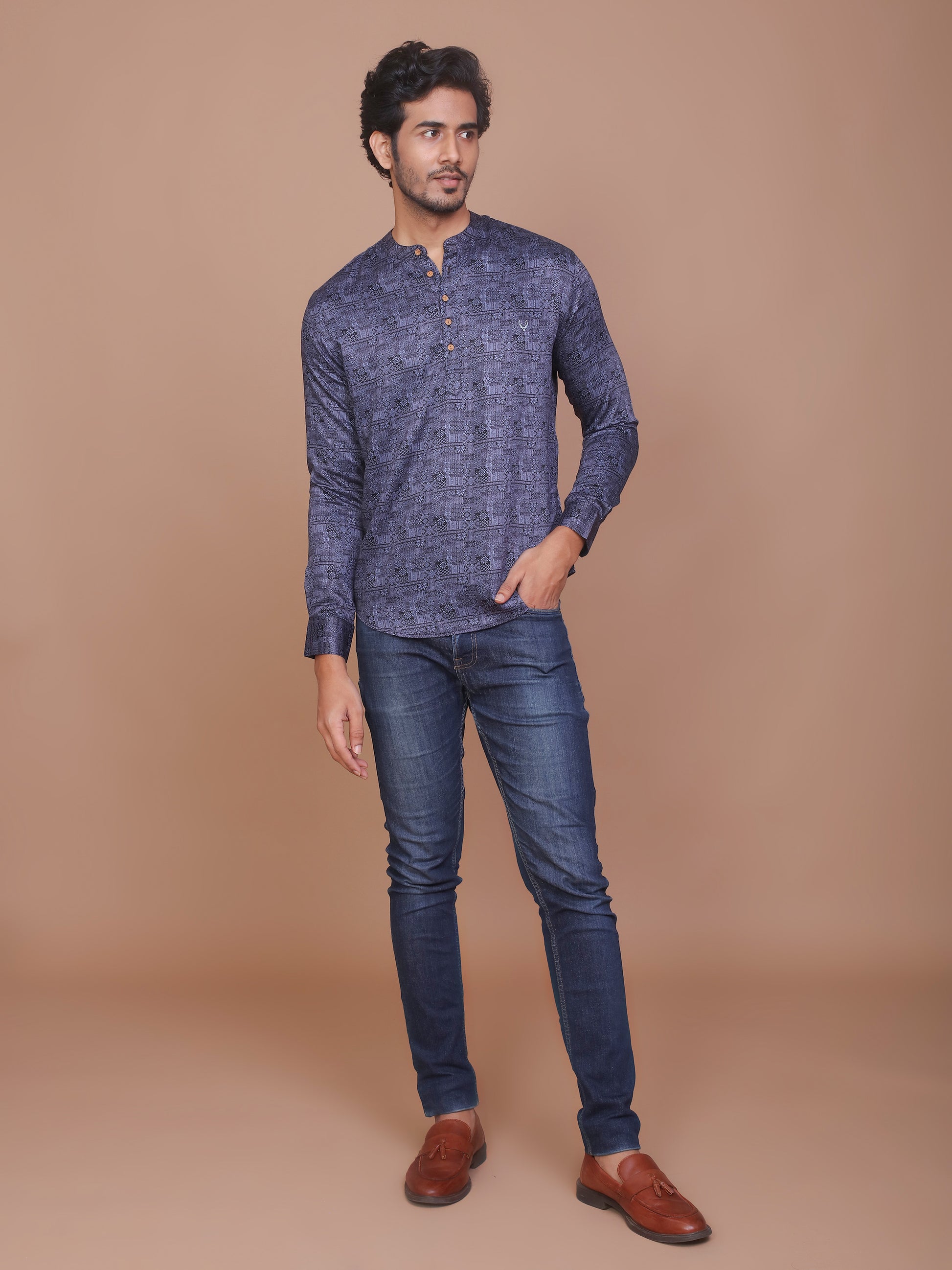 TRADITIONAL MOTIF PRINTED BLUE-LIGHT BLUE KURTA - Ravinik 