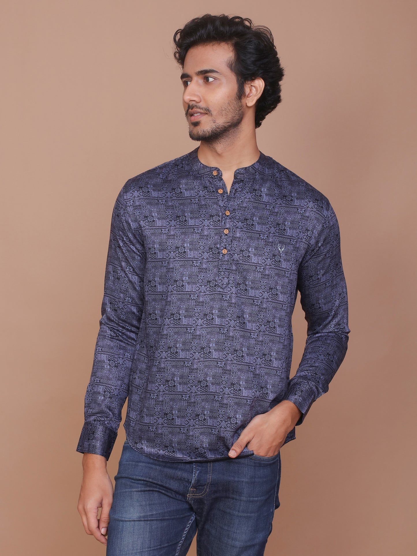 TRADITIONAL MOTIF PRINTED BLUE-LIGHT BLUE KURTA - Ravinik 