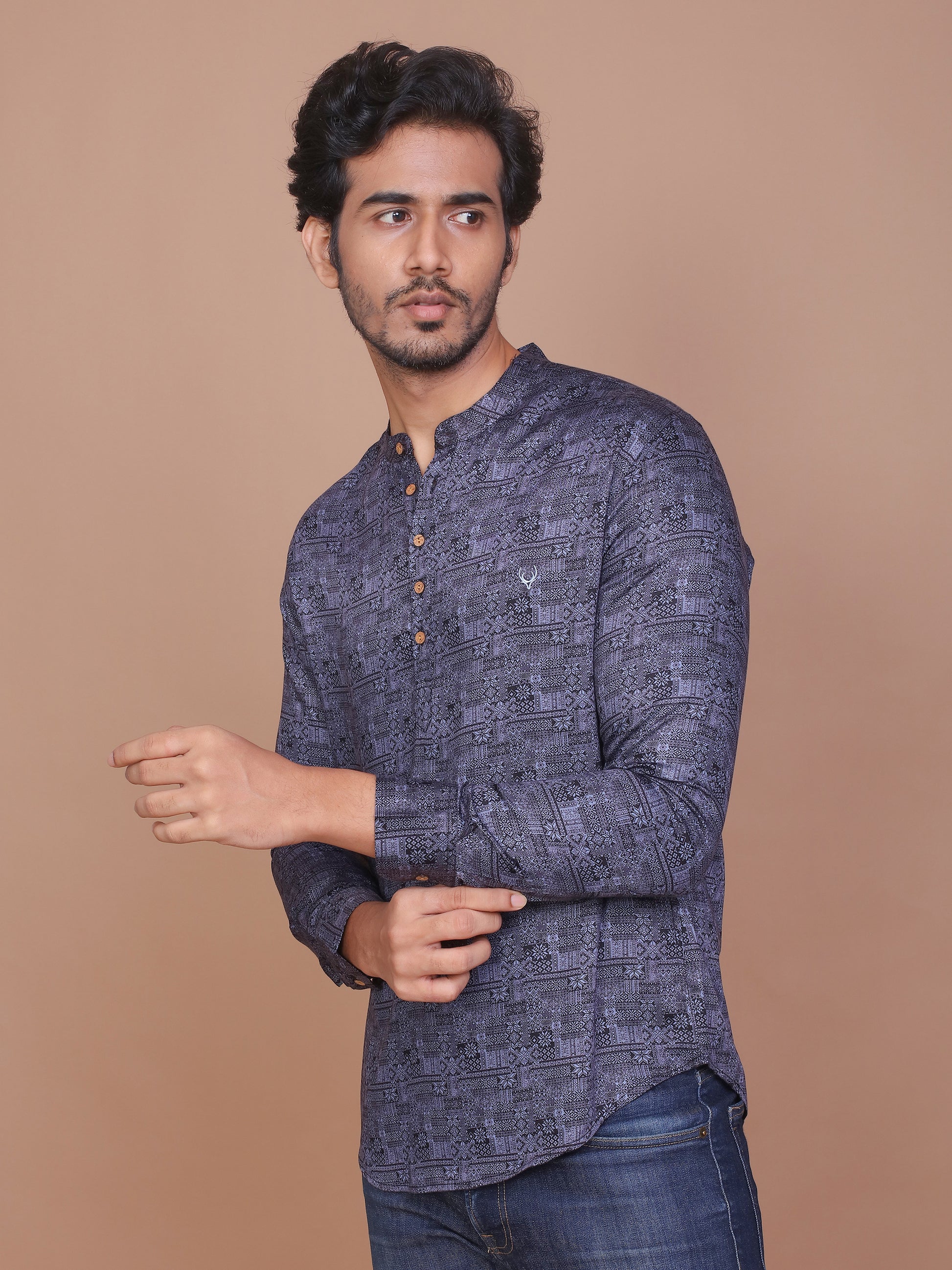 TRADITIONAL MOTIF PRINTED BLUE-LIGHT BLUE KURTA - Ravinik 