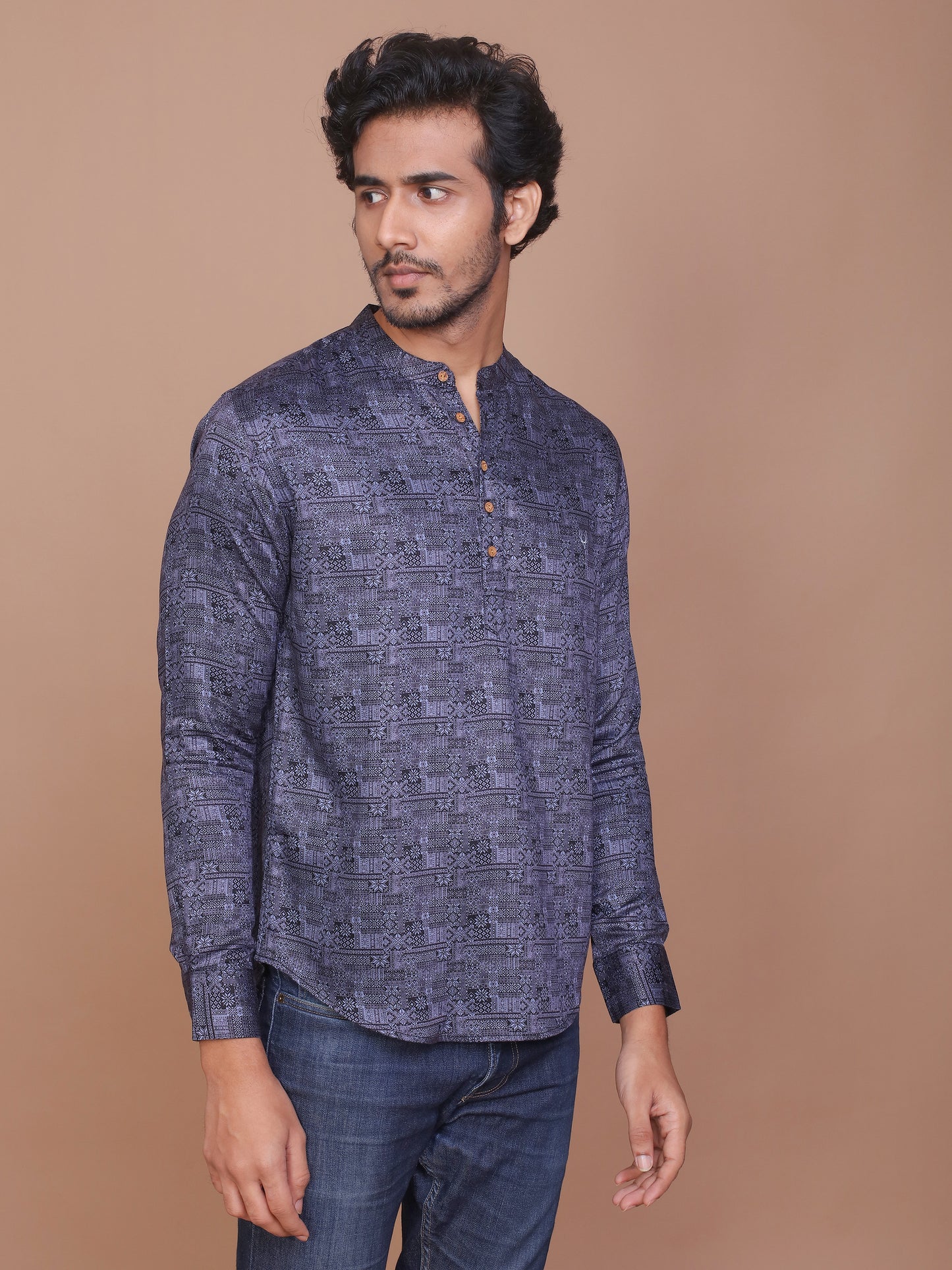 TRADITIONAL MOTIF PRINTED BLUE-LIGHT BLUE KURTA - Ravinik 