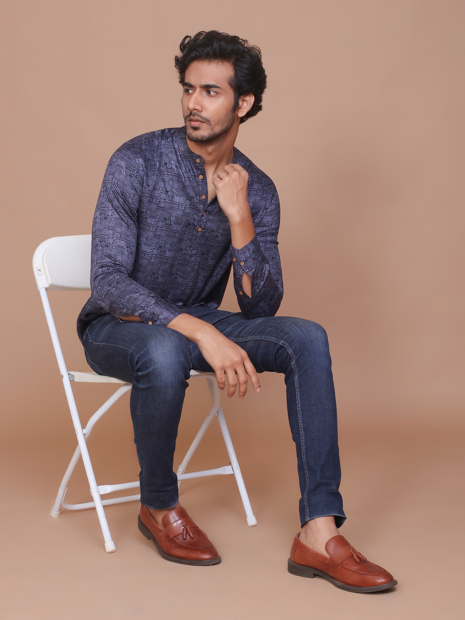 TRADITIONAL MOTIF PRINTED BLUE-LIGHT BLUE KURTA - Ravinik 