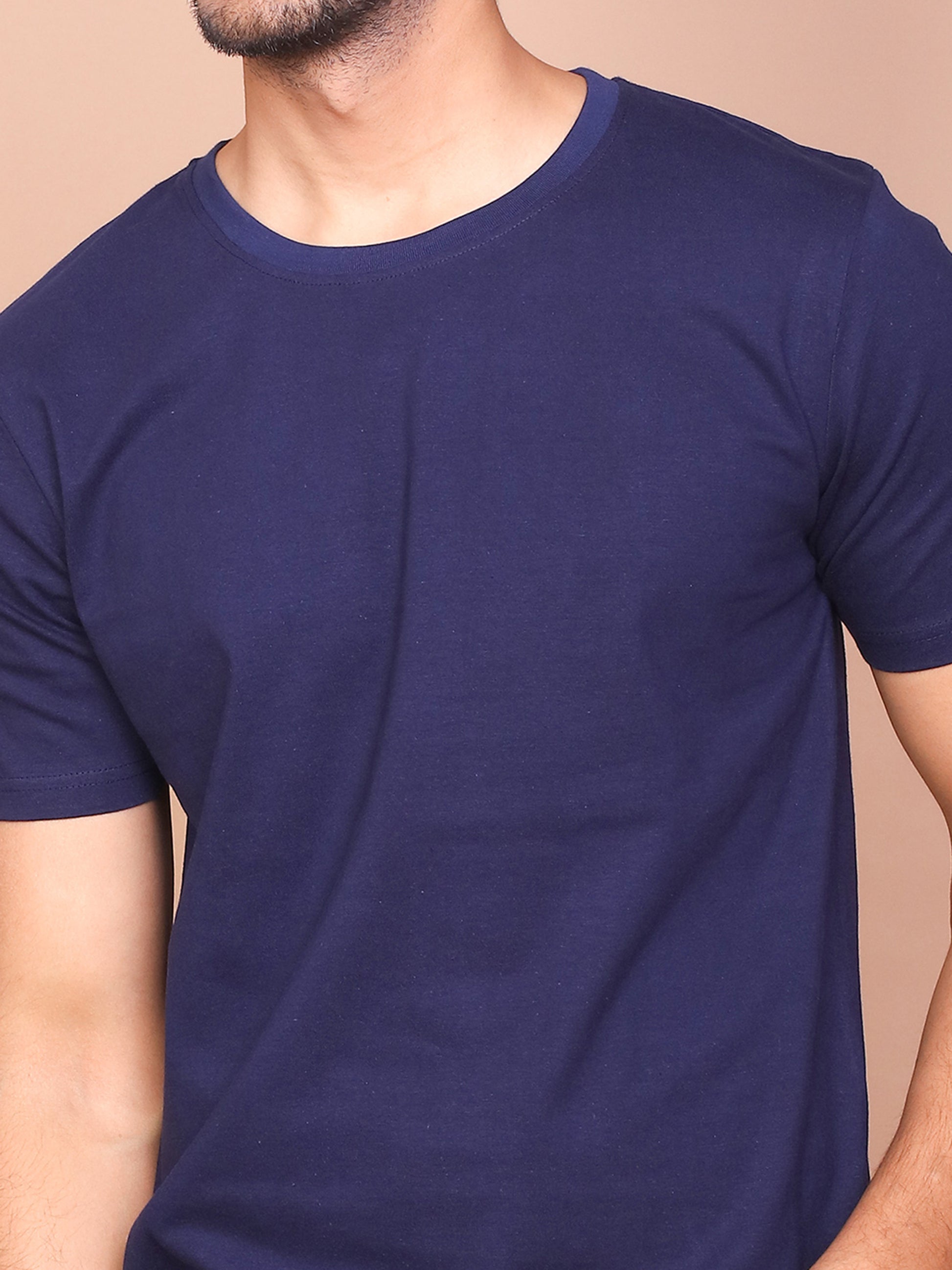 NAVY BLUE SOLID COLOURED ROUND NECK TSHIRT - Ravinik 