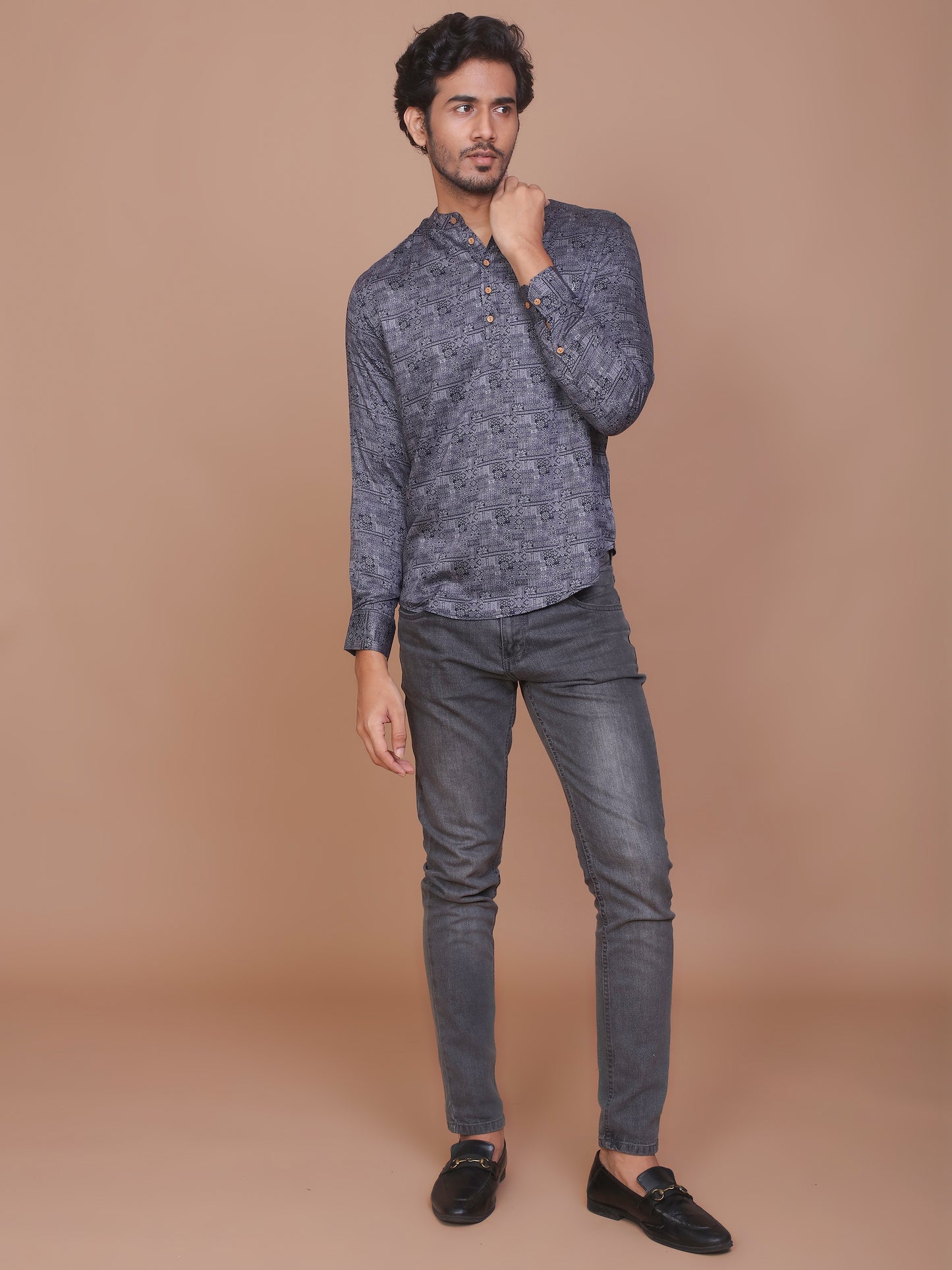 TRADITIONAL MOTIF PRINTED BLUE-GREY KURTA - Ravinik 