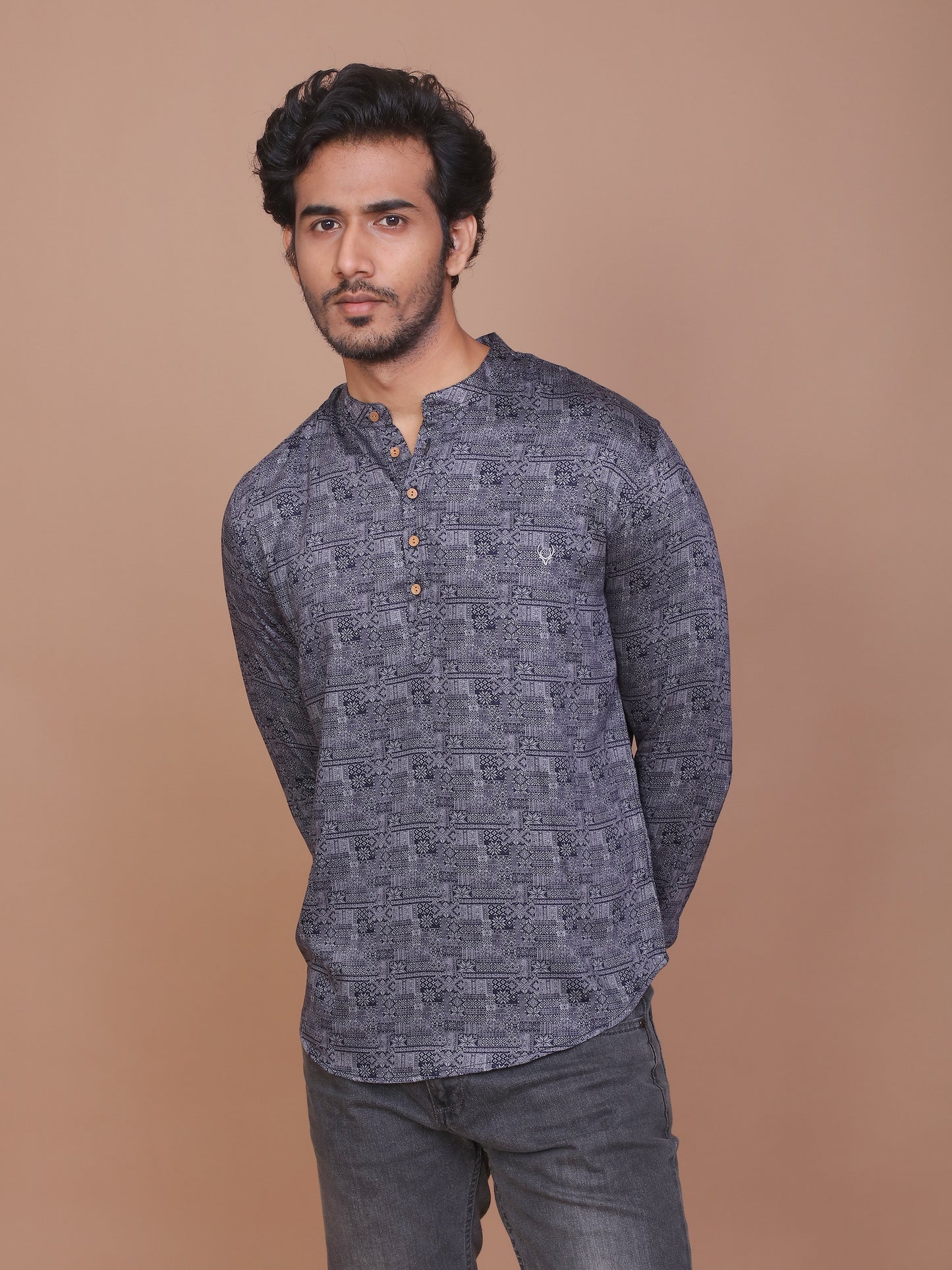 TRADITIONAL MOTIF PRINTED BLUE-GREY KURTA - Ravinik 