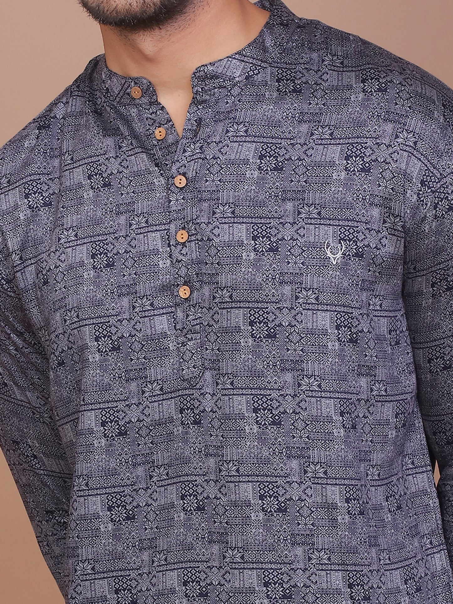 TRADITIONAL MOTIF PRINTED BLUE-GREY KURTA - Ravinik 