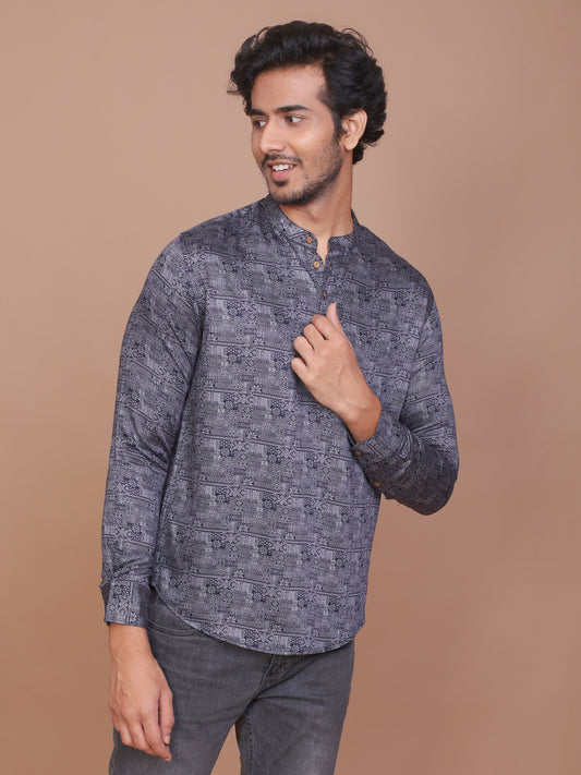 TRADITIONAL MOTIF PRINTED BLUE-GREY KURTA - Ravinik 