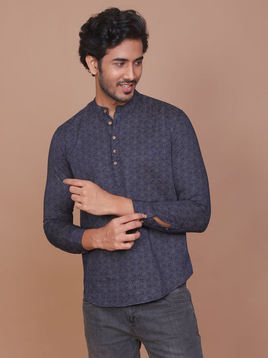 NAVY BLUE ETHNIC PRINTED KURTA - Ravinik 