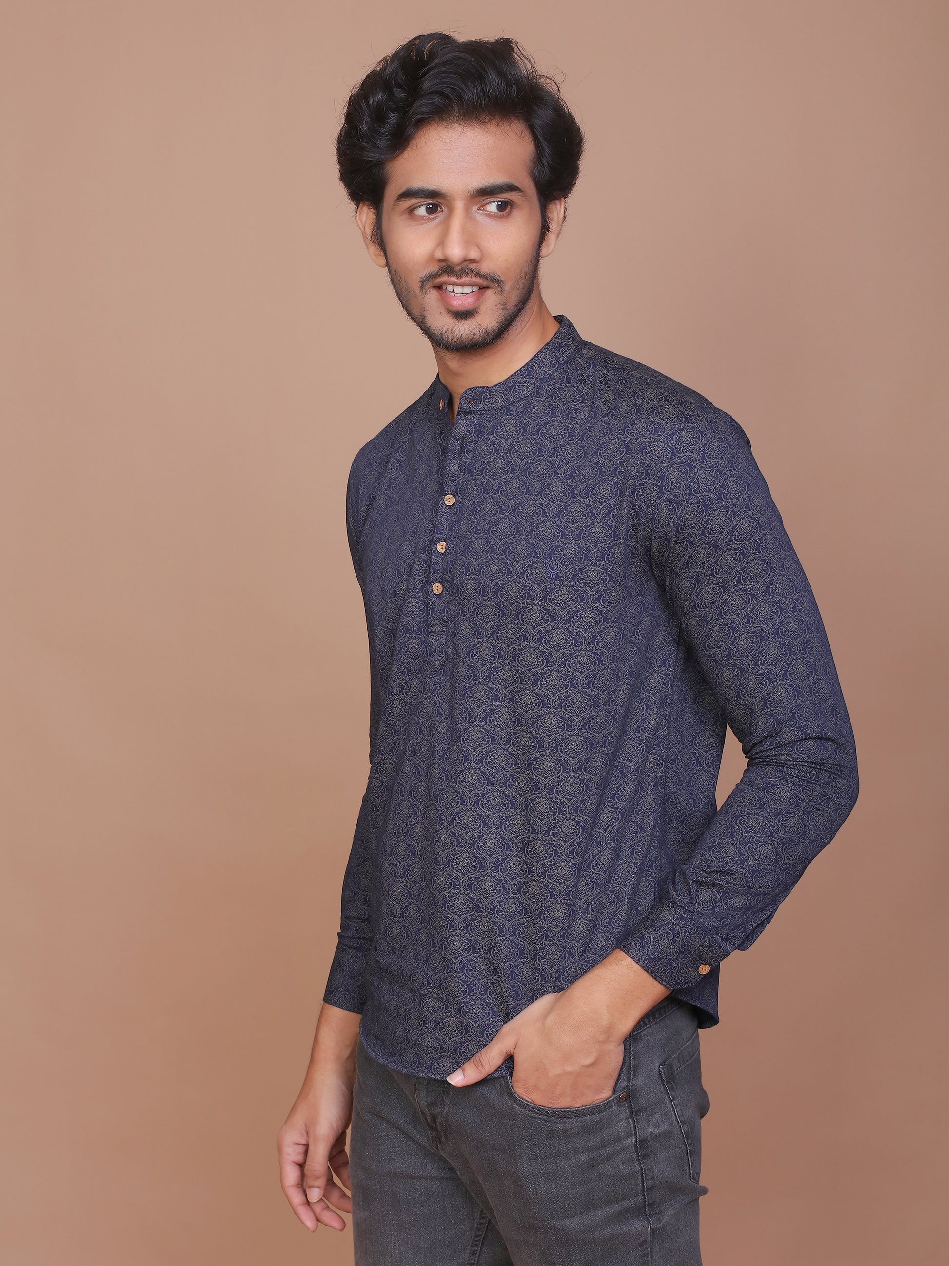 NAVY BLUE ETHNIC PRINTED KURTA - Ravinik 