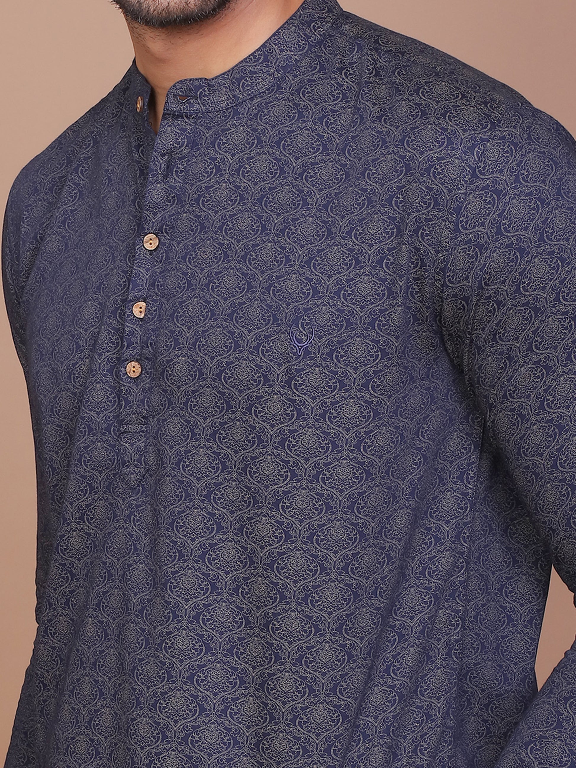 NAVY BLUE ETHNIC PRINTED KURTA - Ravinik 