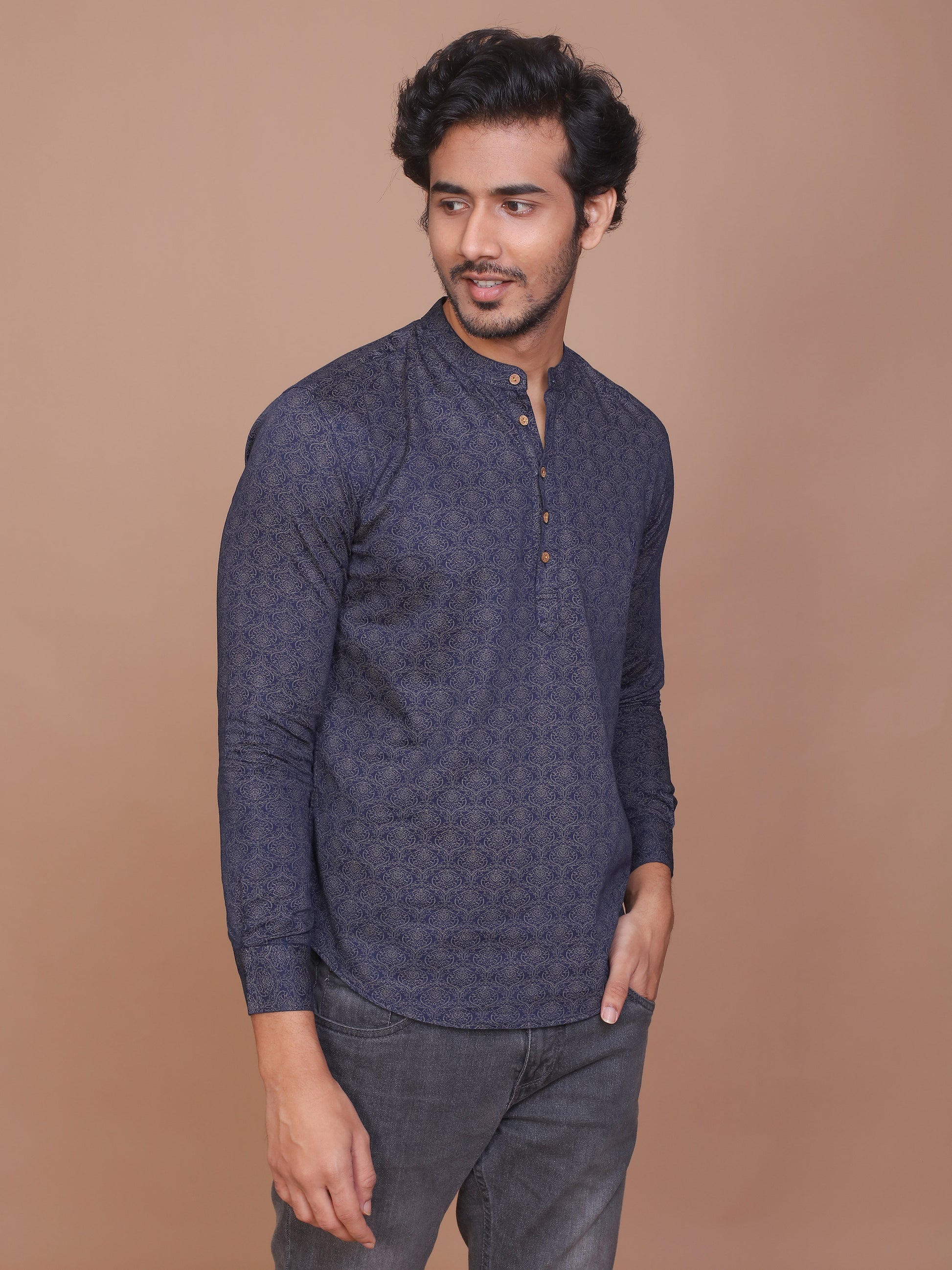 NAVY BLUE ETHNIC PRINTED KURTA - Ravinik 