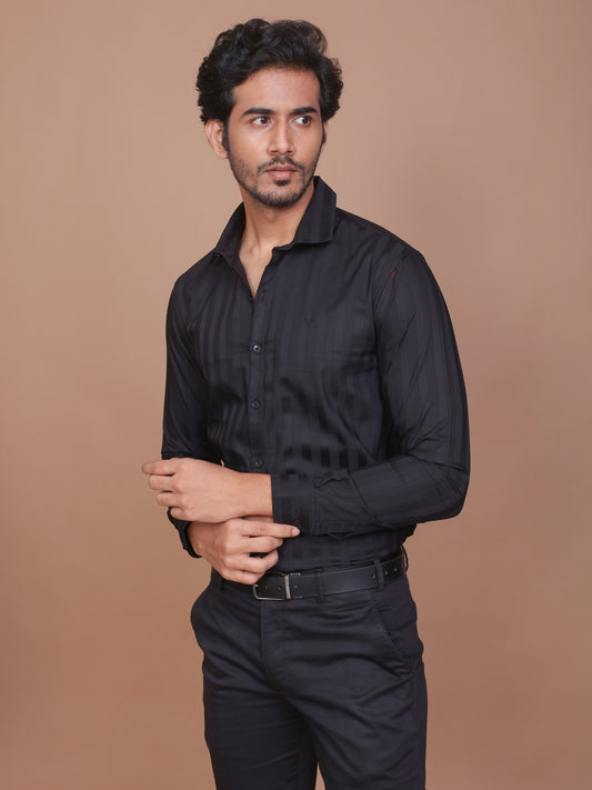 SHADOW STRIPE LYCRA CLASSIC COLLAR BLACK SHIRT - Ravinik 