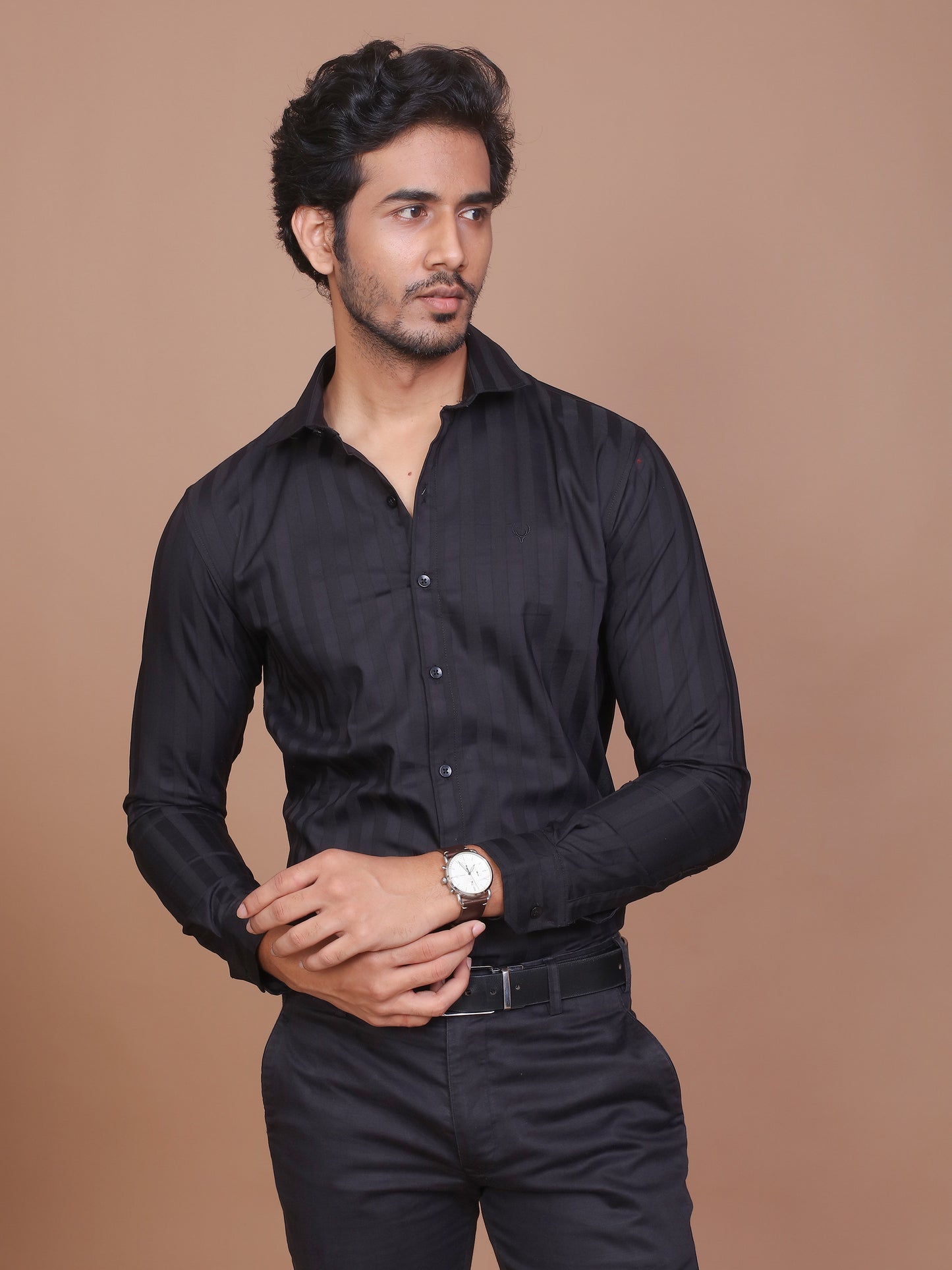 SHADOW STRIPE LYCRA CLASSIC COLLAR BLACK SHIRT - Ravinik 