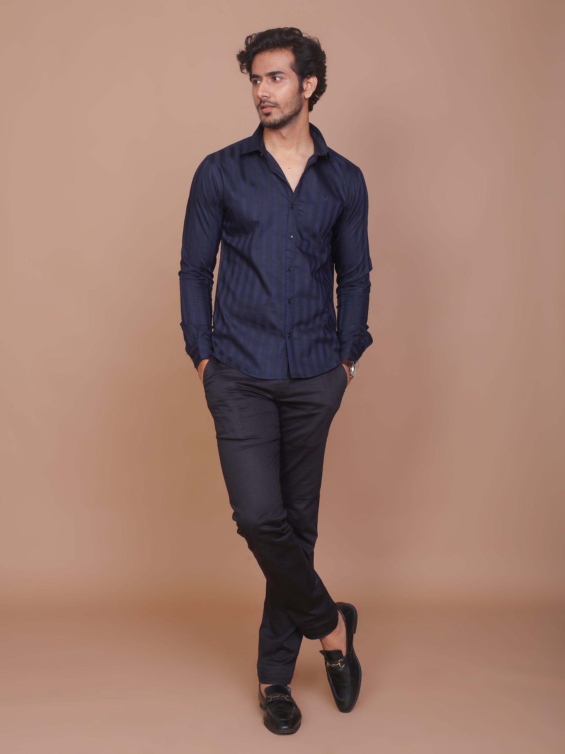 SHADOW STRIPE LYCRA CLASSIC COLLAR BLUE SHIRT - Ravinik 