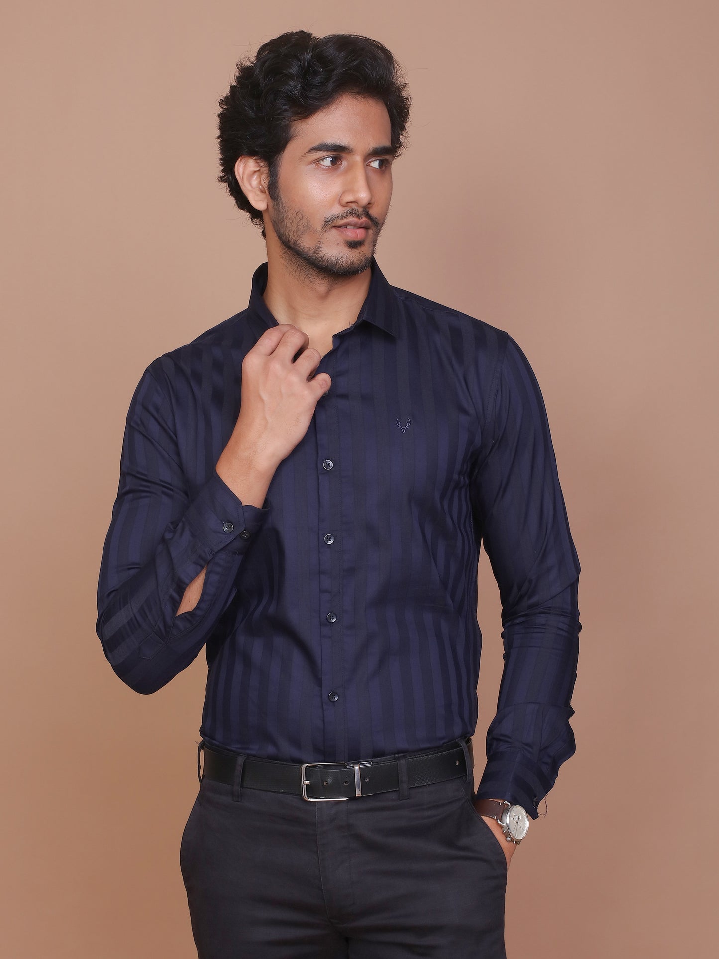 SHADOW STRIPE LYCRA CLASSIC COLLAR BLUE SHIRT - Ravinik 