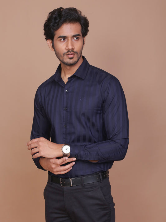 SHADOW STRIPE LYCRA CLASSIC COLLAR BLUE SHIRT - Ravinik 