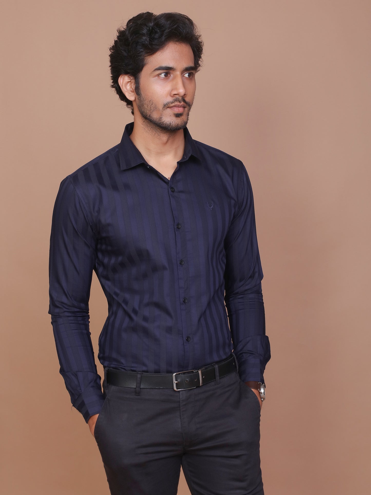 SHADOW STRIPE LYCRA CLASSIC COLLAR BLUE SHIRT - Ravinik 