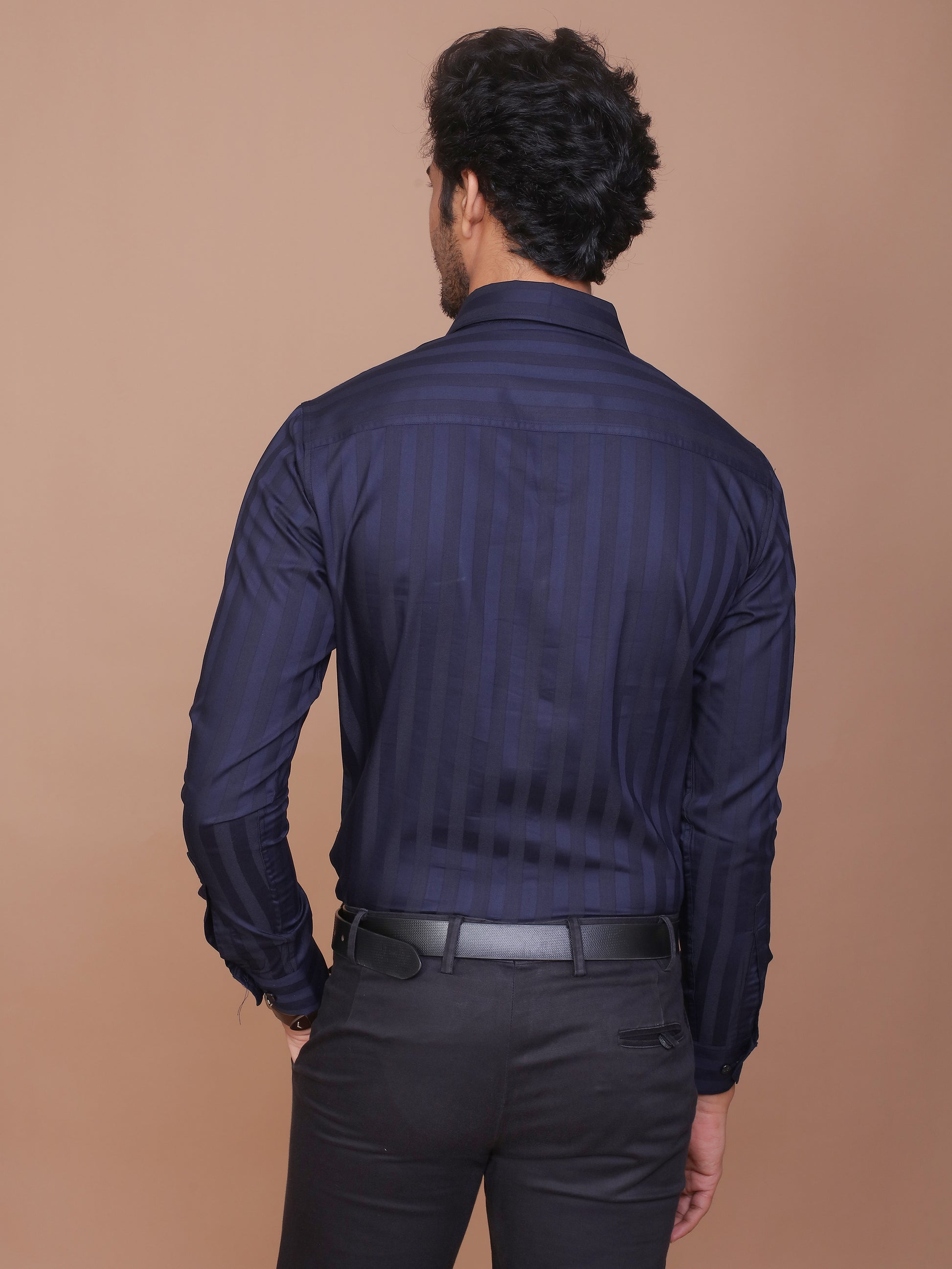 SHADOW STRIPE LYCRA CLASSIC COLLAR BLUE SHIRT - Ravinik 